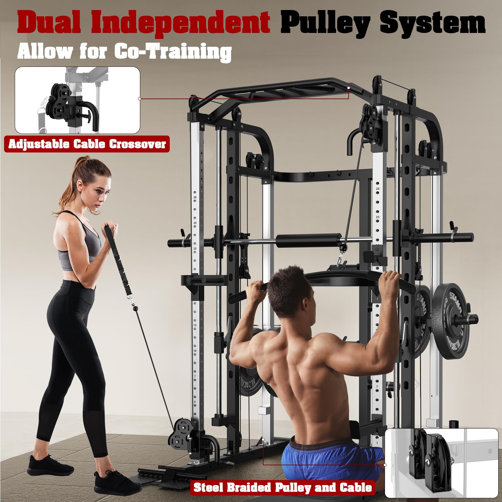 Royal Fitness Smith Machine, Multifunctional Power Cage Rack with Smith Bar and Cable Pulley System, and LAT Pull Down Machine for Home Gym…