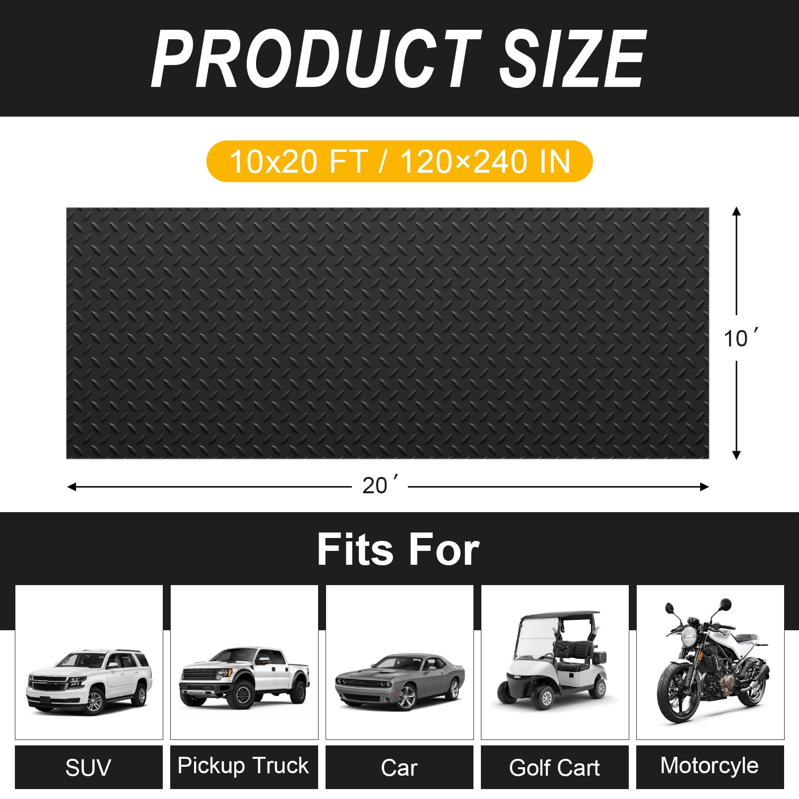 Grandroad auto 10x20 FT Garage Floor Mat, 2.8mm Thickened Flooring Roll for Under Car Diamond Plate PVC Rubber Mat with 20 Pcs Tapes, Non-Slip Floor Mat for Garage, Warehouse, Gyms, Trailer, Black