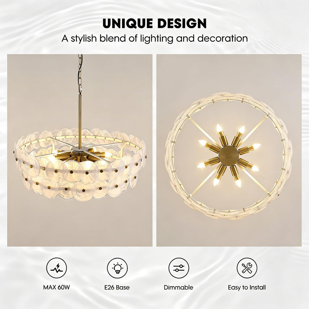APBEAMLighting 30.3'' Cloud Glass Chandelier Modern, Gold Chandeliers Elegant, Dimmable 8-Light Pendant Ceiling Light Fixture for Girls Room Bedroom Dining Living Room Foyer Kitchen Entryway