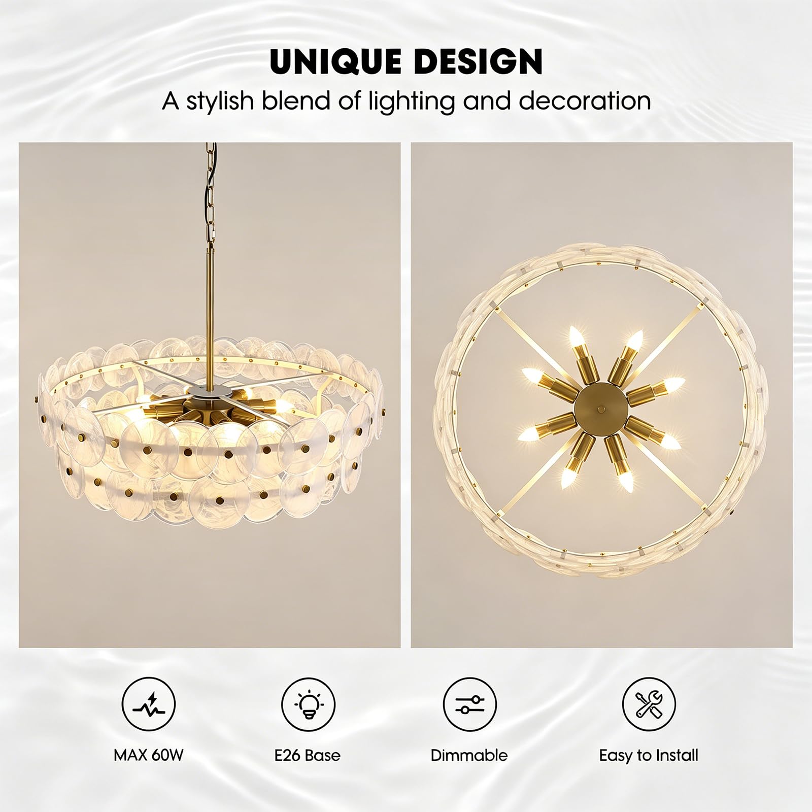 APBEAMLighting 30.3'' Cloud Glass Chandelier Modern, Gold Chandeliers Elegant, Dimmable 8-Light Pendant Ceiling Light Fixture for Girls Room Bedroom Dining Living Room Foyer Kitchen Entryway