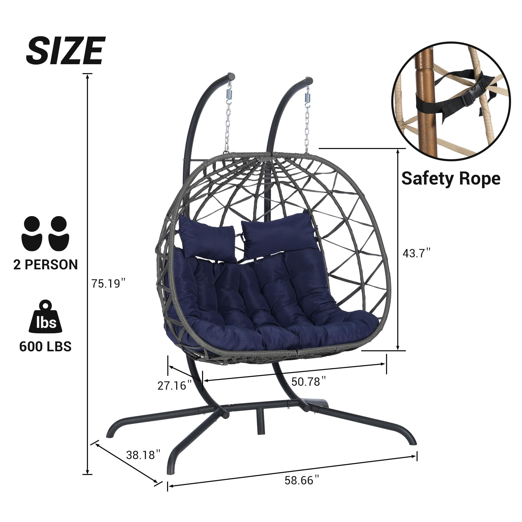 KEIKI Double Swing Egg Chair with Stand, Patio Rattan Wicker Hammock Egg Chair with UV Cushion, 2 Person Outdoor Indoor Hanging Basket Chair, 600LBS Capacity for Balcony, Dark Blue and Gray