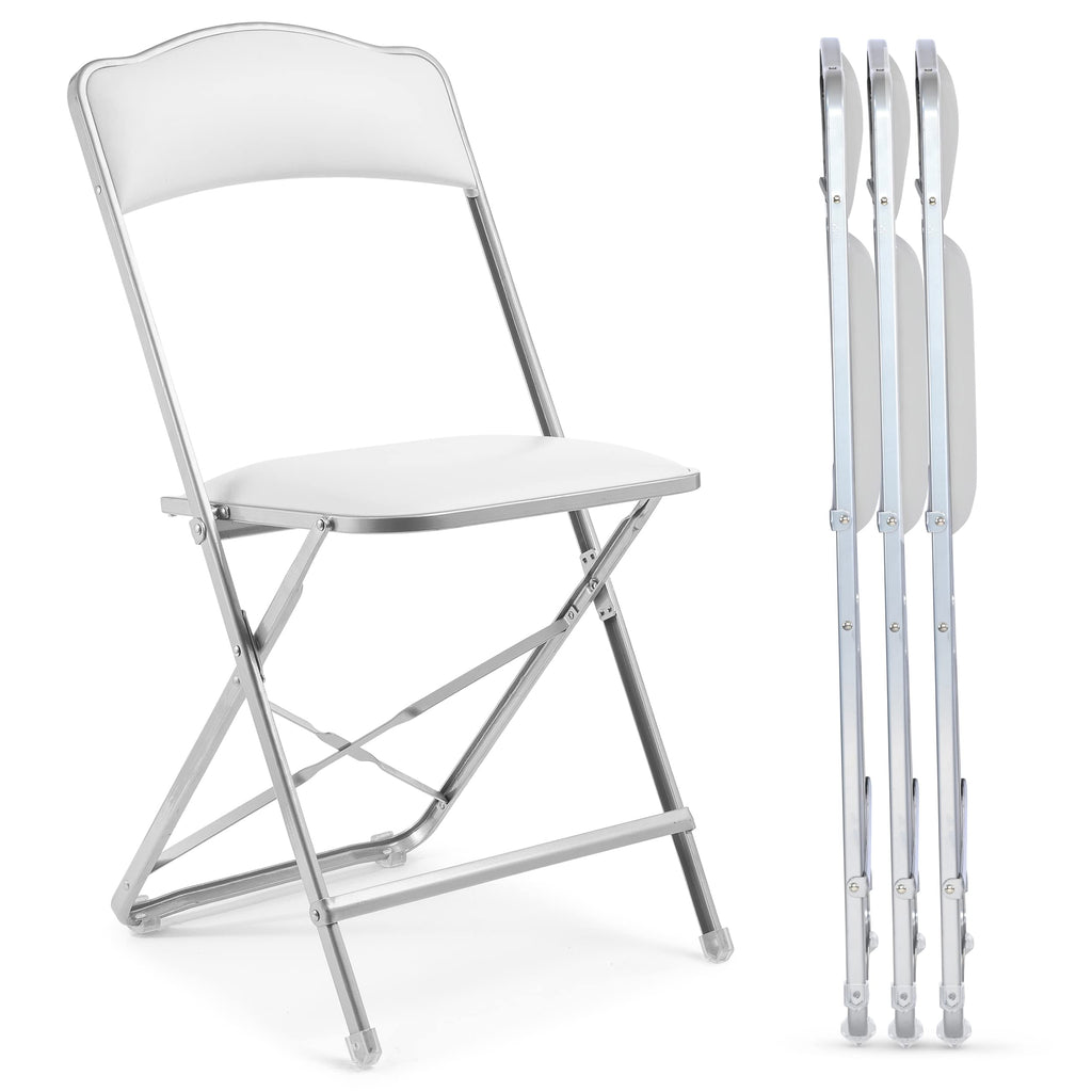 Folding Chairs with Padded Seats 4 Pack - Foldable Chair with Heavy-Duty Steel Frame, Elegant Party Bridge Chairs, Metal Folding Chair for Outside, Home, Office, Indoor Outdoor Events - Silver/ White