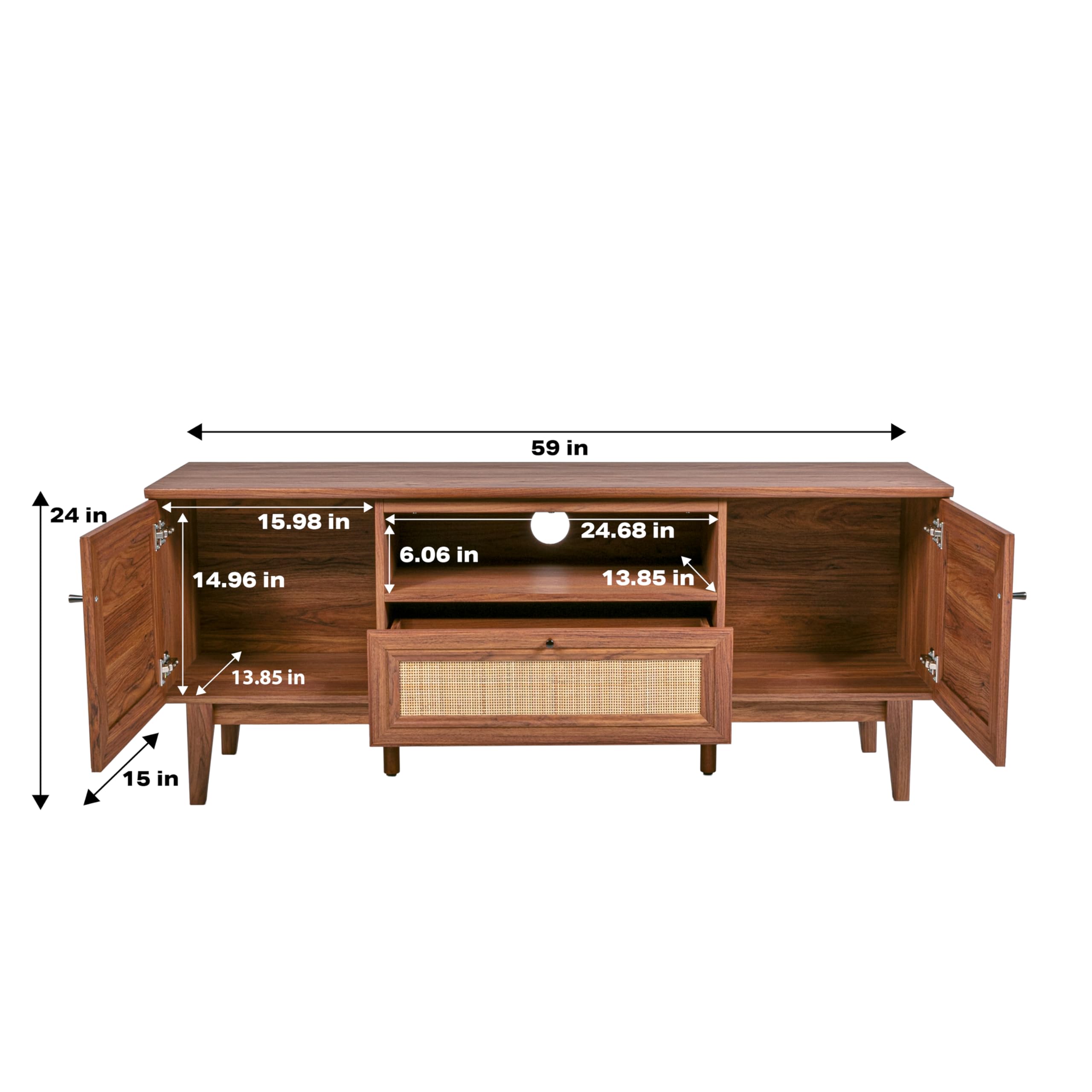 JONATHAN Y Finley 59" Mid-Century Walnut Rattan TV Stand for TVs up to 65 Inch, Wood Media Console with Woven Cane Soft-Close Doors and Drawer, Bohemian Entertainment Center for Living Room TVS1002B