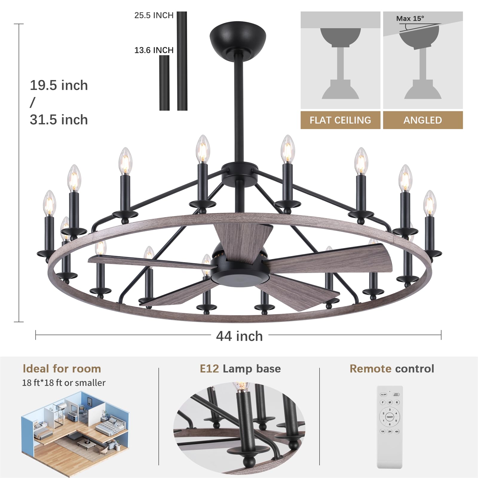 44" Wagon Wheel Chandelier with Fans, Wagon Wheel Ceiling Fan with 16-Lights and Remote, Farmhouse Chandelier for Living Room Dining Room, Adjustable Height, 6-Speed Reversible Quiet Large Fandelier