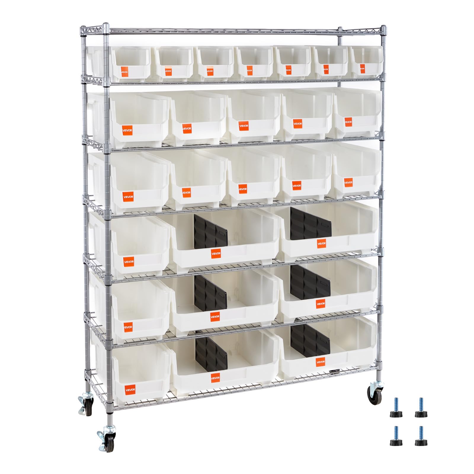 VEVOR 7-Tier Rolling Bin Storage Rack, 26 Organizer Bins, Bin Rack Storage Steel Wire Shelving System with Wheels, Mobile Tool Organizer for Garage, Warehouse, Office, Restaurant, Kitchen, Classroom