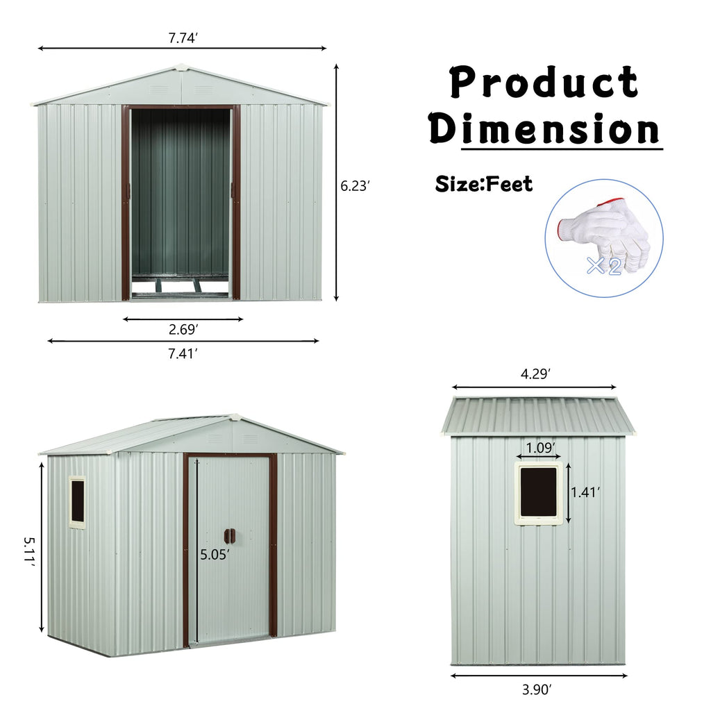 Favfurish 8 x 4 FT Outdoor Storage Shed with Side Window, Metal Garden Shed w/Sliding Doors & Lock, Floor Base and Air Vents, Utility Tool Storage House for Backyard Lawn, White