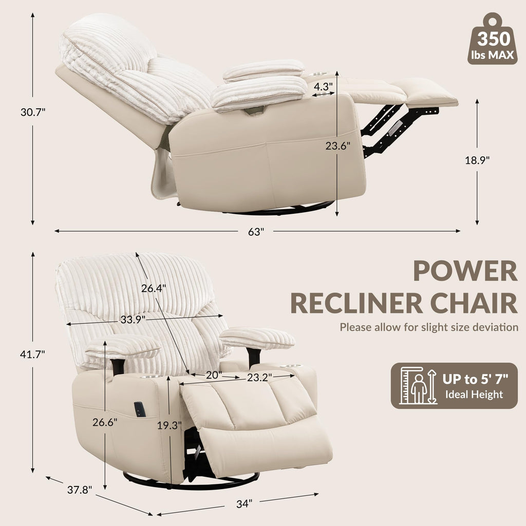 GRAINELL Swivel Rocker Recliner Chair with Massage and Heat, USB Charging Port, Infinite Position Power Recliner, Electric Glider Rocking Chairs for Living Room, Nursery (Lvory)