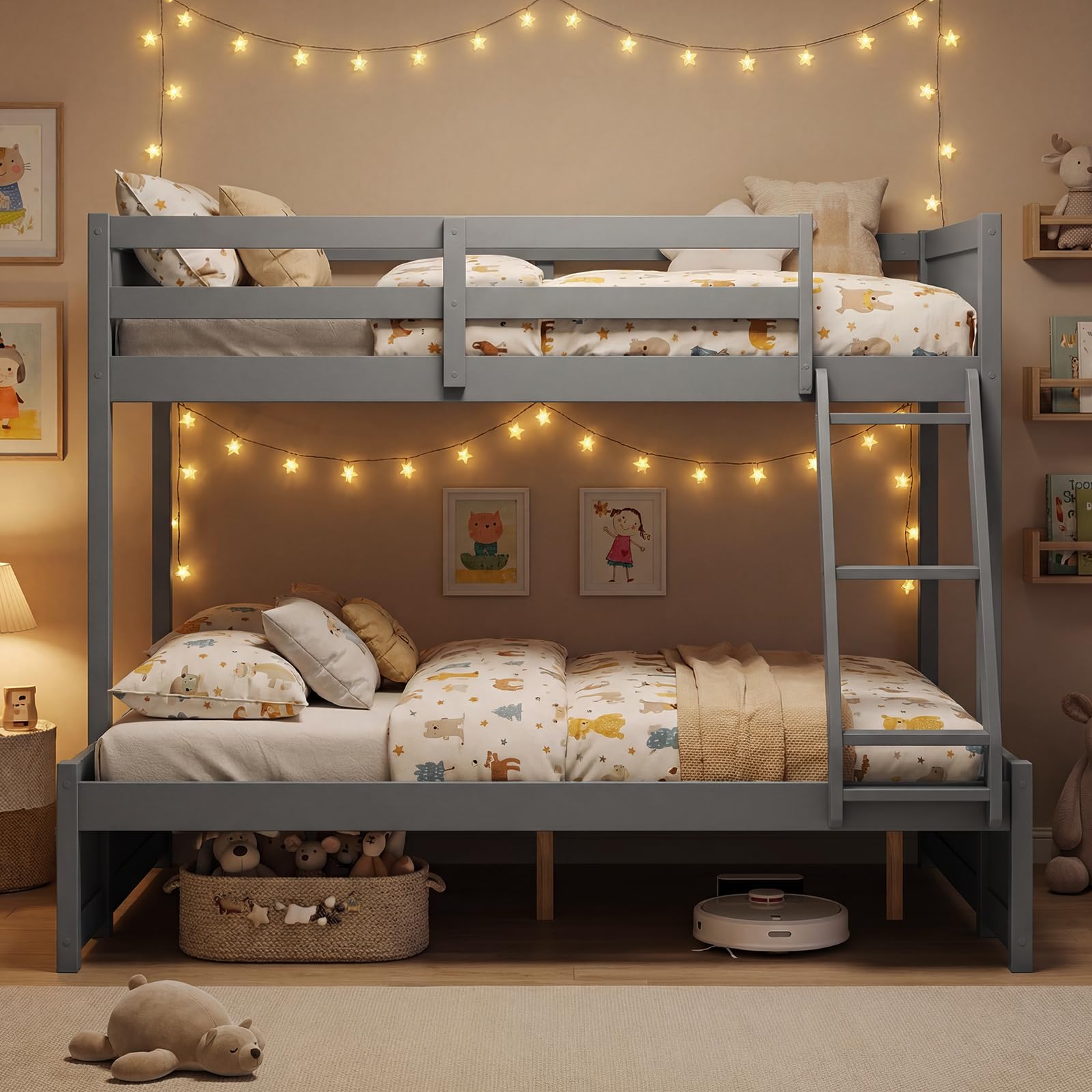 Giantex Twin Over Fulll Bunk Bed, Wood Bunk Bed with Full-Length Guardrails, Ladder, Under-Bed Storage Space for Dormitory, Bedroom, Apartment, Two Bed Frame with Slats for Teens, Kids, Adults, Grey