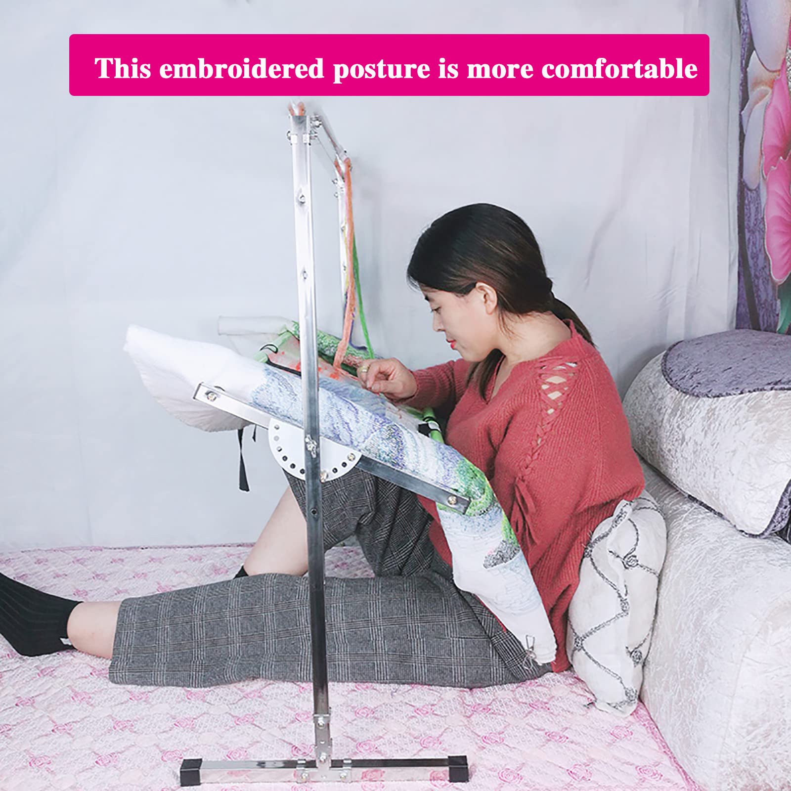 ELUKHT Embroidery Stand, Stainless Steel Needlework Floor Frame, Adjustable Cross Stitch Craft Stand, with 12 Hanging Wire Buckles, Standing Embroidery Lap Table, for Arts Crafts Sewing Needlework