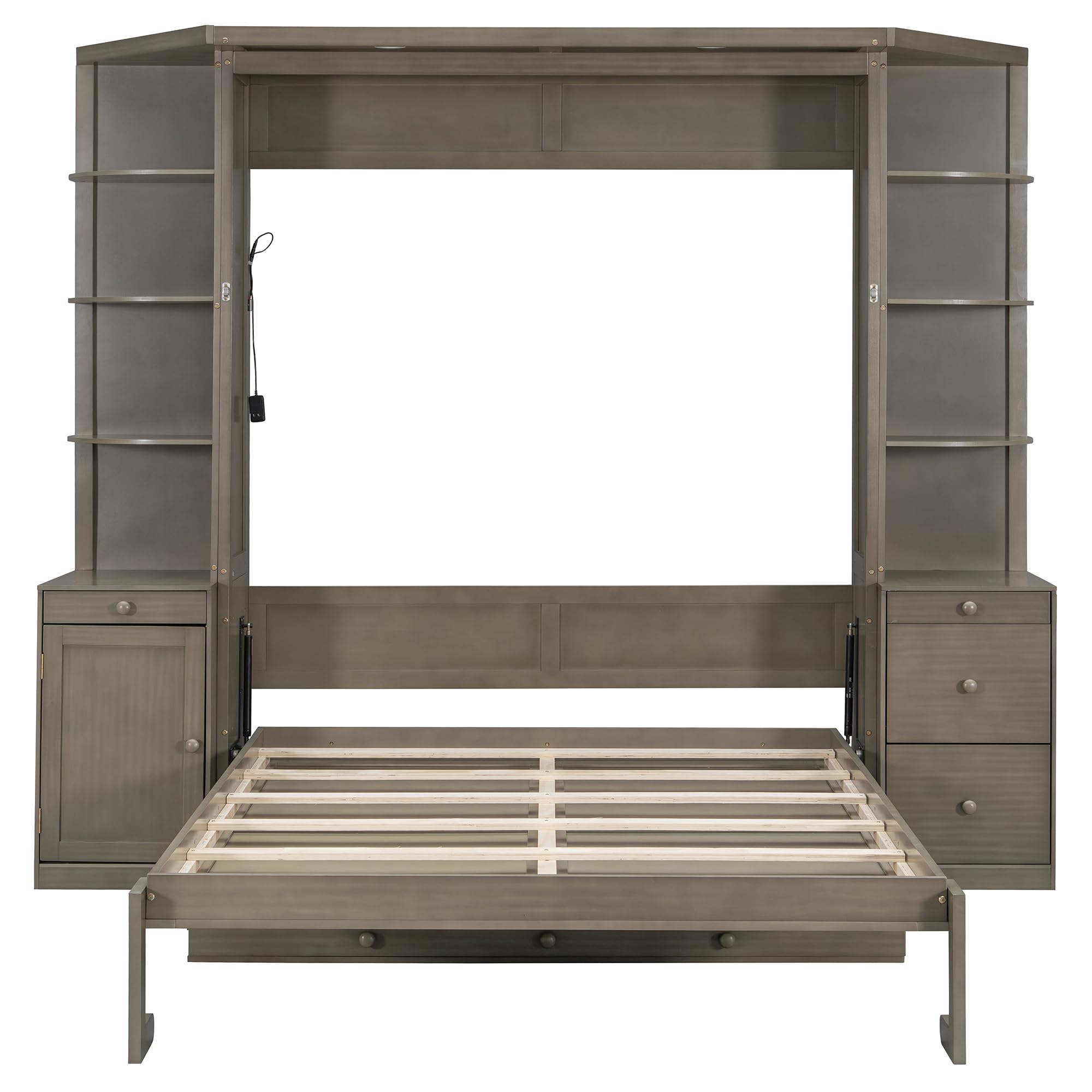 Merax Queen Murphy Bed with Desk and Storage, Hidden Wall Bed with Foldout Workstation, Shelves and Cabinets for Space-Saving Home Office, Gray
