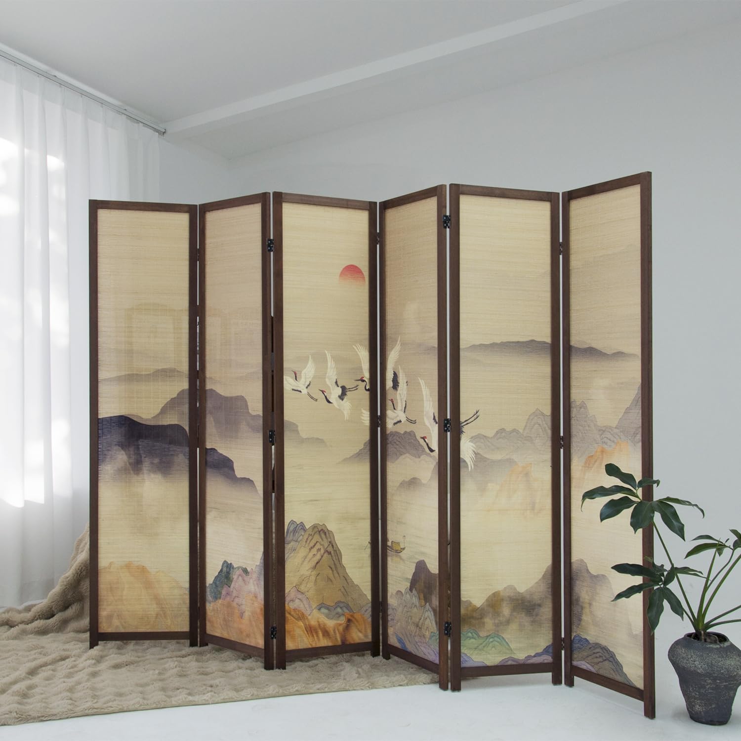 Furnnylane 6 Panel Bamboo Room Divider, 5.6 ft Tall Double-Sided Freestanding Folding Privacy Screen, Premium Thickened Wood Frame with Colorful Landscape Pattern for Home Office (67" H x 94.5" W)