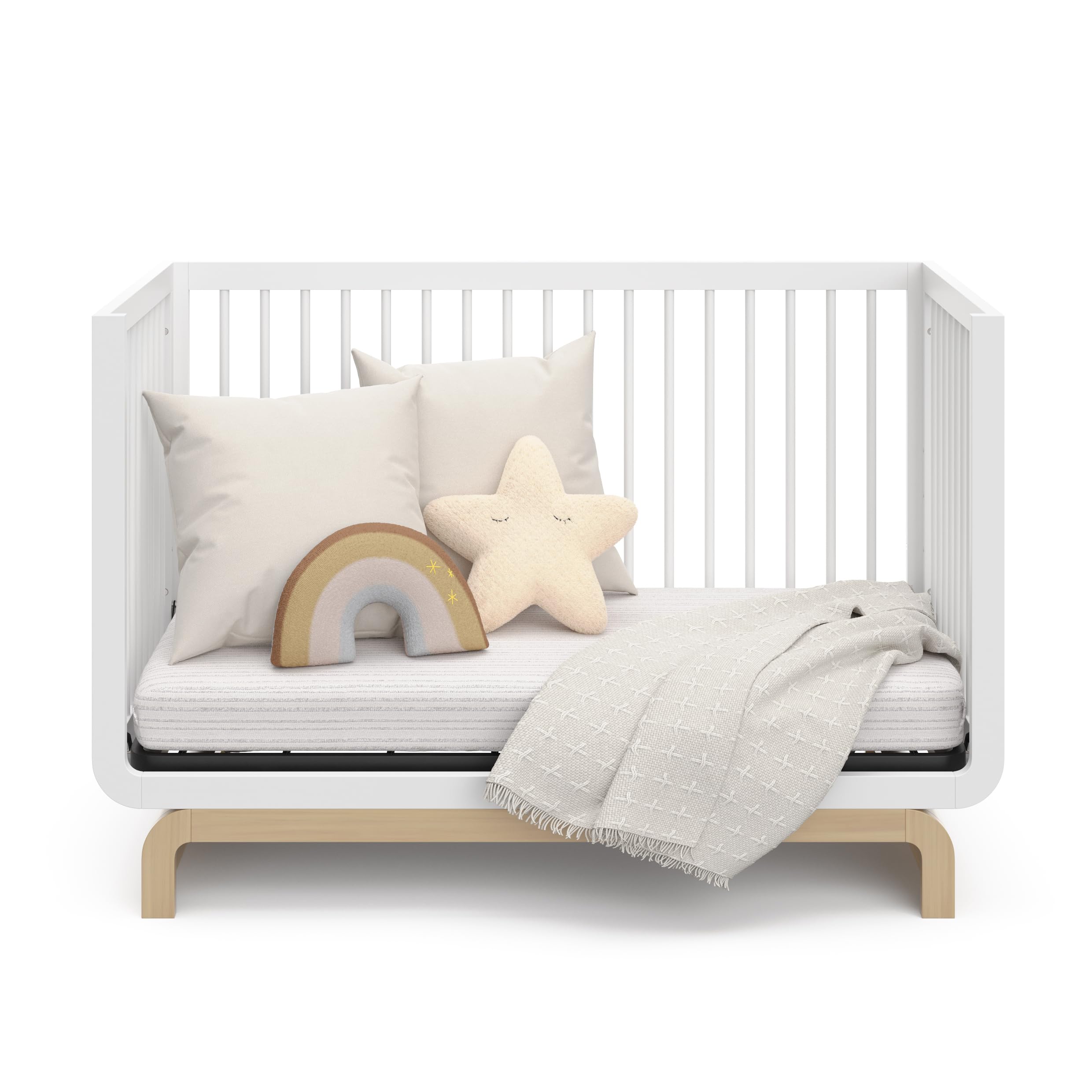 Storkcraft Santorini 5-in-1 Convertible Crib with Toddler Guardrail – GREENGUARD Gold Certified, Conversion Kit Included, 100% Solid Wood, Fits Standard Crib Mattress (White and Driftwood)