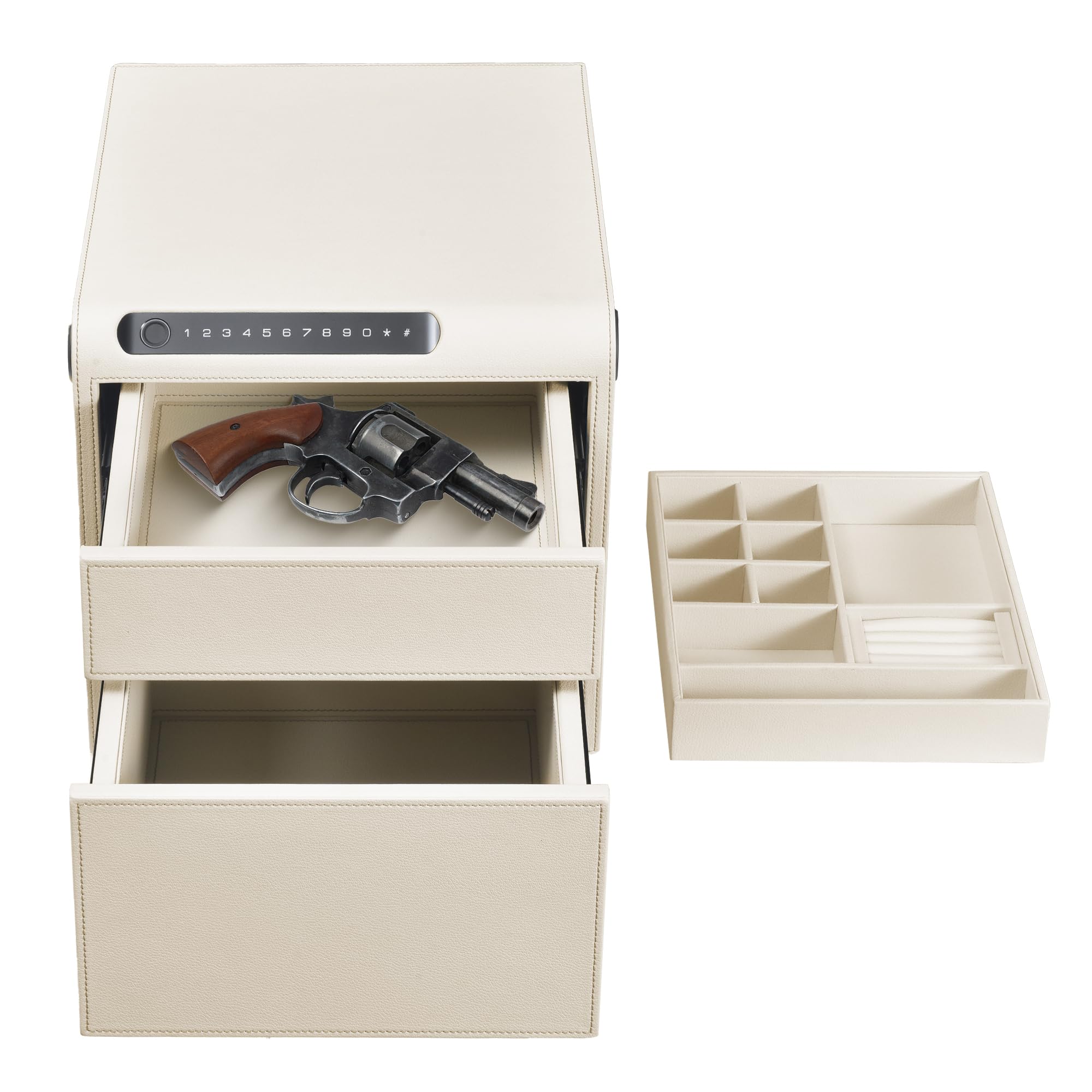 VALINIRT Jewelry Safe with Drawers，Biometric Fingerprint safe, Slide-Away Handgun Safe for Pistols, Leather Wrapped Jewelry Storage Safe, Digital Keypad & Quick-Access Drawer(White- 2 Drawer)