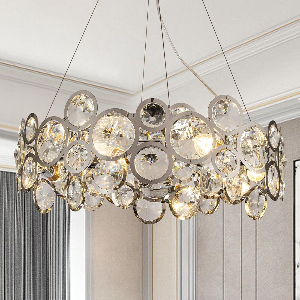 Wndtu Opal Unique Elegance Crystal Chandelier Luxury Round Crystal Modern Stainless Steel Chrome Pendant Ceiling Lights Fixture for Dining Room Living Room Kitchen Island Above Table D22