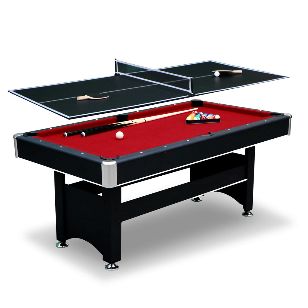Hathaway Spartan 2-in-1 6ft Pool Table with Ping Pong Top for Game Room – with Red Felt, Engineered Wood Frame, Drop Pockets, Cues, Balls, Triangle, Chalk, Net, Paddles, Balls – Black Finish