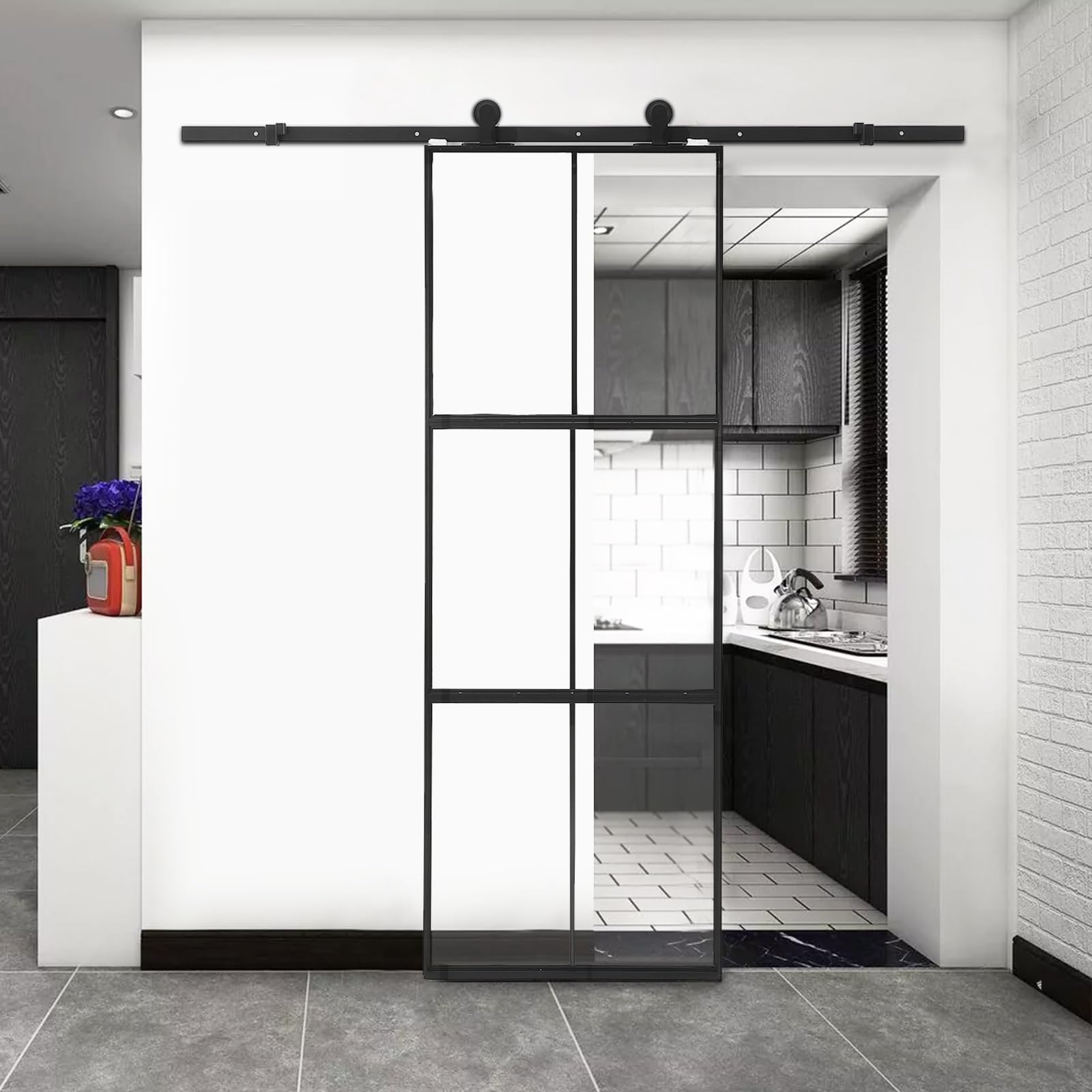 36 x 84" Glass Barn Door with 3-Panel Frosted Tempered Glass, 6 ft Top Mount Sliding Door Kit with Soft Close Mechanism,Black Carbon Steel Tempered Glass Sliding Door,Easy Assembly, Hardware Included
