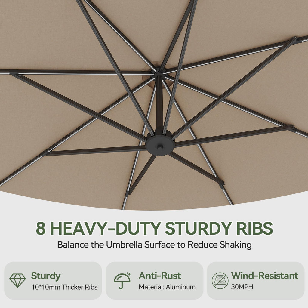 Aoxun 11 FT Cantilever Umbrella with led Light, Patio Large Aluminum Offset Umbrella Windproof with 360°Rotation, Heavy Duty Frame for Outdoor, Pool, Deck and Garden