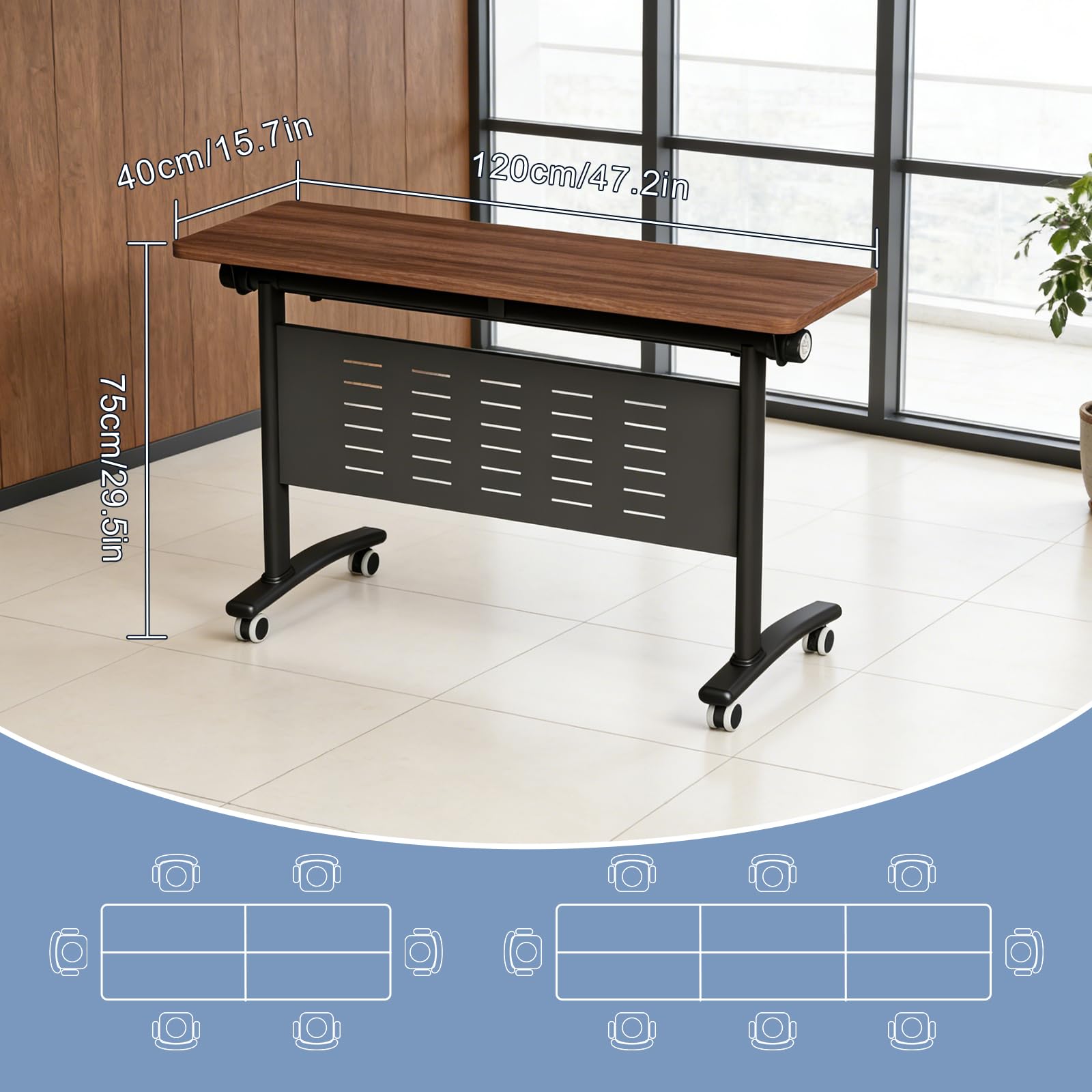 Usosidam 47.2" Folding Conference Tables, Modular Conference Room Table with Silent Lockable Wheels, Flip Top Training Table,for Office Classroom Seminar, for 6-12 Person, Walnut 2, 8 Pack