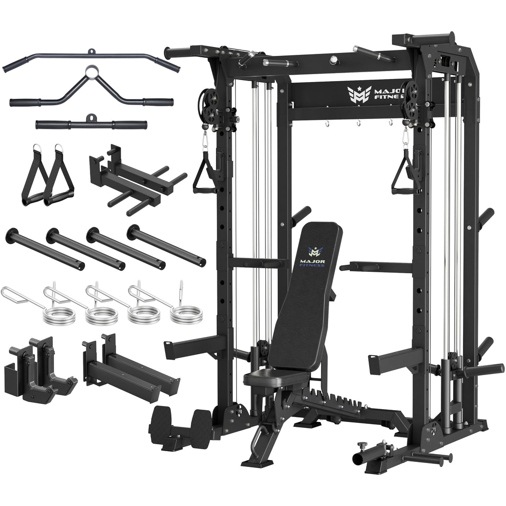 MAJOR FITNESS F22 Power Rack with Weight Bench – 1600lbs All-in-One Squat Rack with Cable Crossover, Dual Pulley, Heavy-Duty Steel Frame, Attachments & Storage for Home Gym Strength Training, Black
