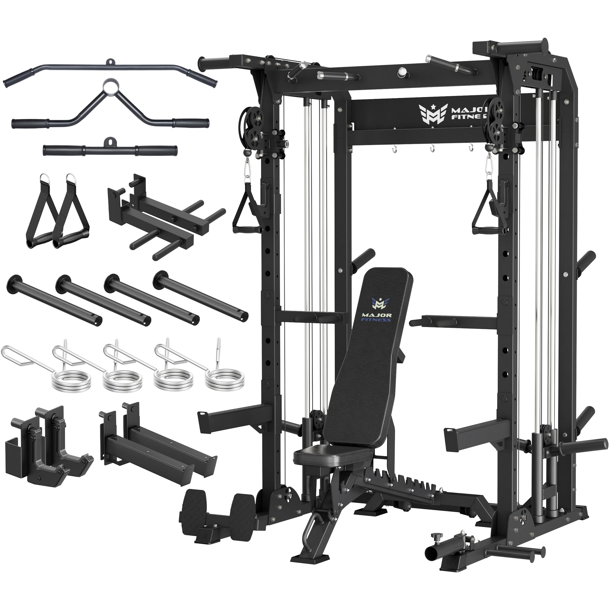 MAJOR FITNESS F22 Power Rack with Weight Bench – 1600lbs All-in-One Squat Rack with Cable Crossover, Dual Pulley, Heavy-Duty Steel Frame, Attachments & Storage for Home Gym Strength Training, Black