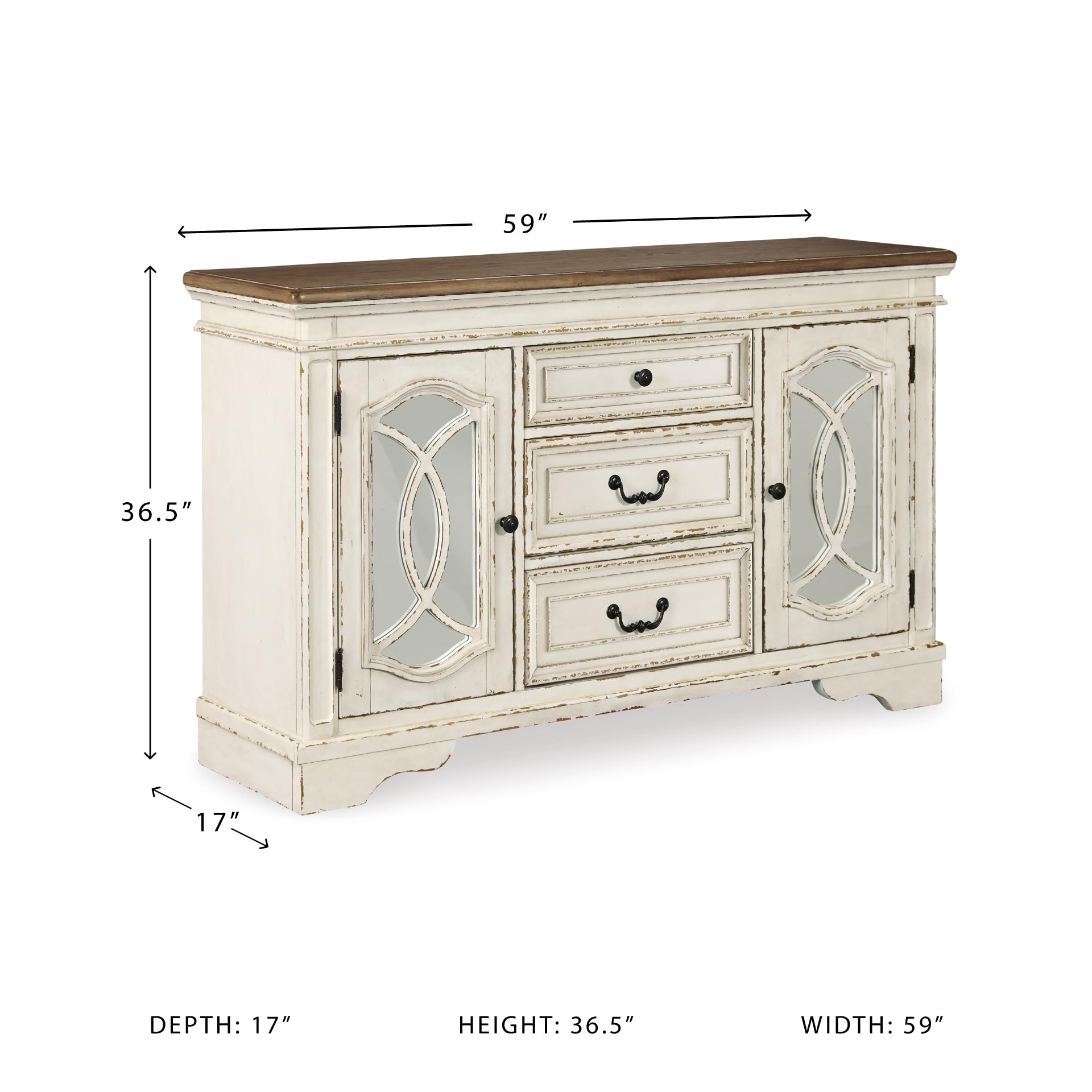 Signature Design by Ashley Realyn French Country Distressed Dining Room Server, 3 Drawers, 2 Cabinet Doors, Wood, 59" W x 17" D x 36.5" H, Chipped White