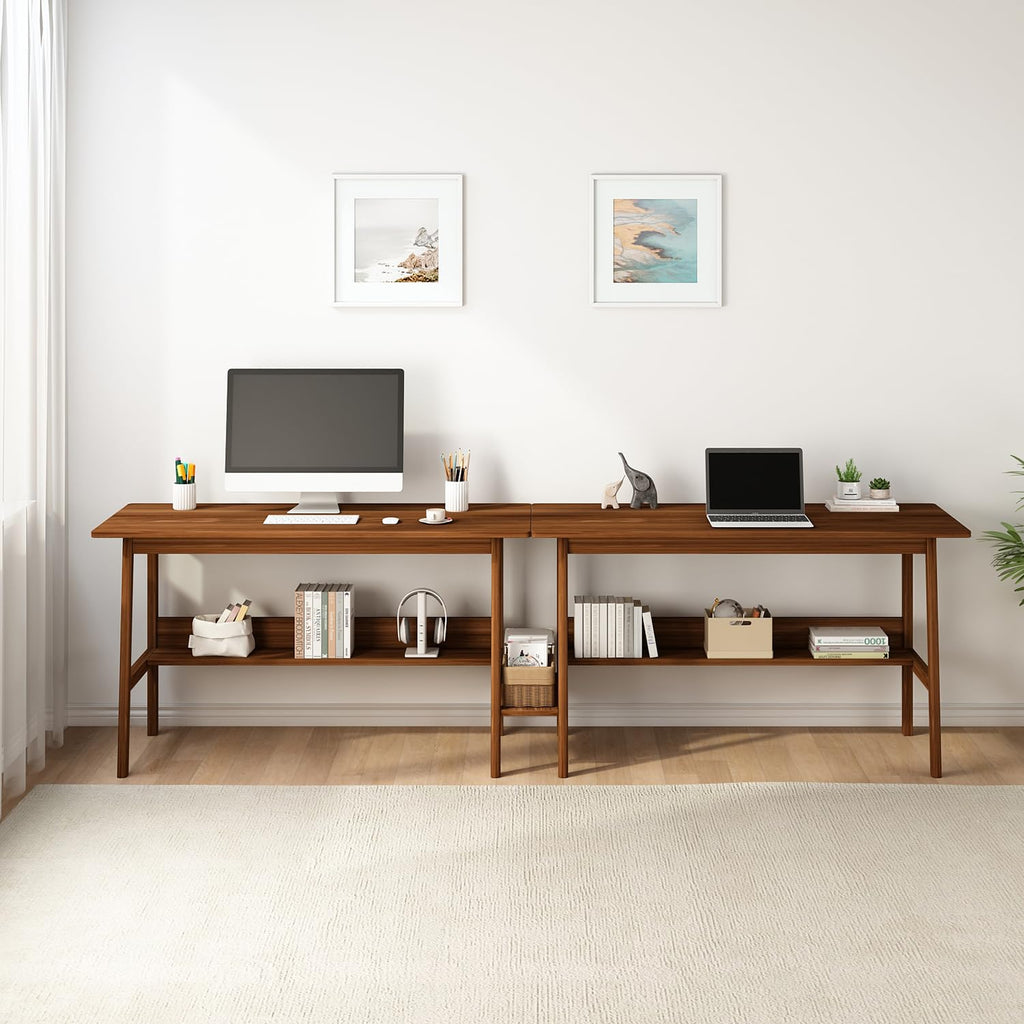 NELYE 2-Person Writing Desk with Bookshelf - 94" Wooden Extra Long Home Office Work Table, Double Study Computer Workstation with Storage Shelves in Walnut, 94" W x 24" D