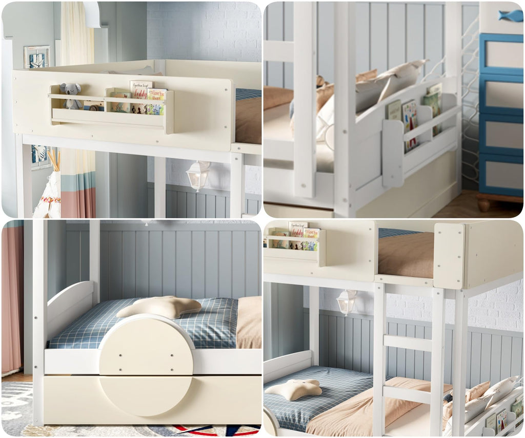 KEIKI Queen Over Queen Size Bunk Bed with Trundle, Pine Solid Wood Triple Bunk Beds Frame with Bookshelf, Guardrail, Slat and Ladders, Automobile Form Design bunkbed for Kids Teens & Adults
