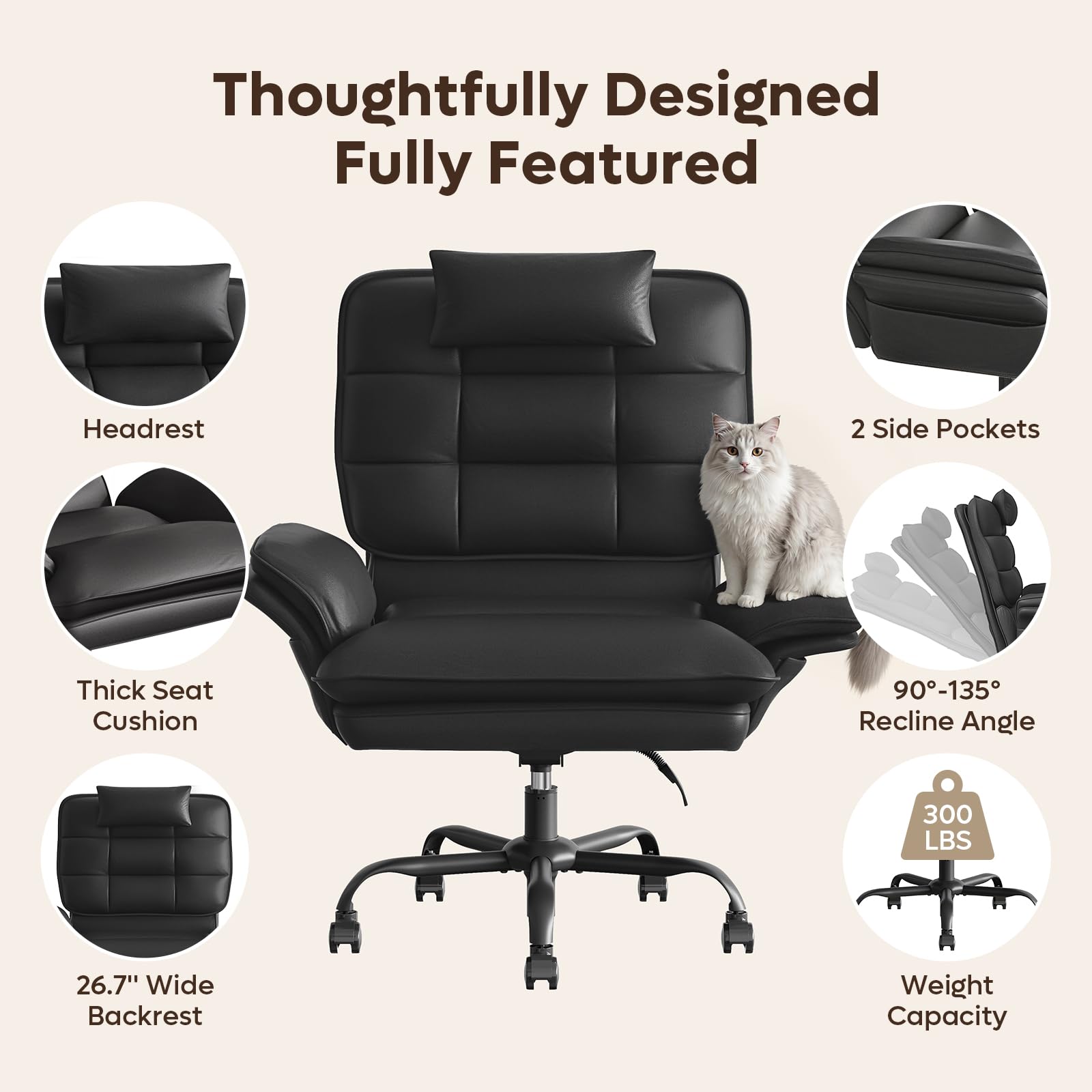Bestier Cross Legged Office Chair Criss Cross Chair with Adjustable Arms 135° Reclining PU Leather Executive Chair with Wheels Big and Tall Computer Desk Chair for Home Office Black