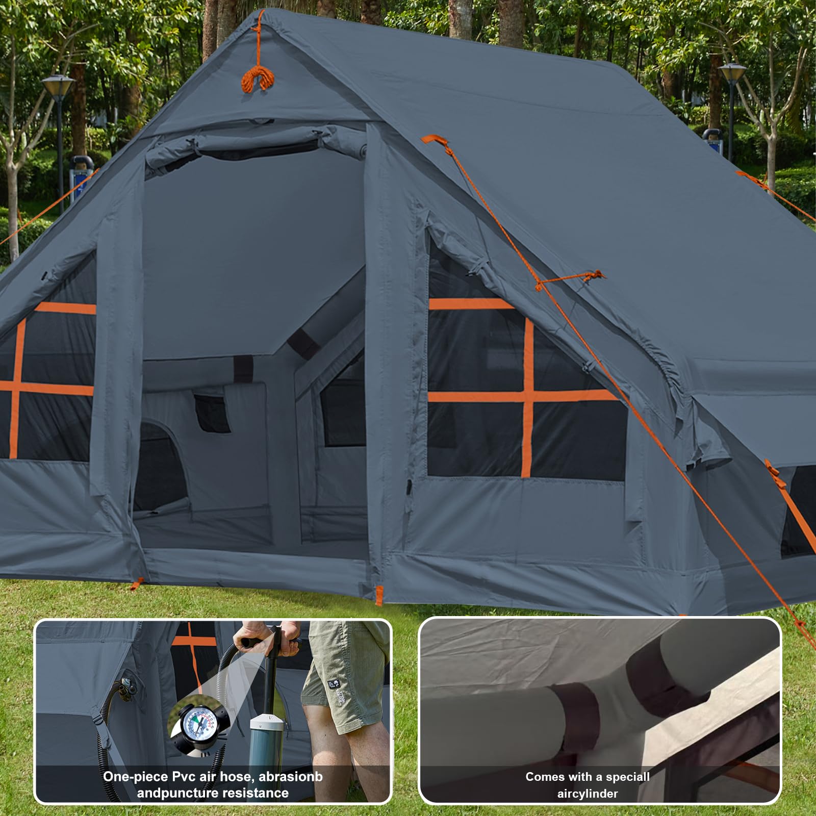 Inflatable Camping Tent with Pump, 4 Person Glamping Tents Sun Shelter, Easy Setup Waterproof Outdoor Oxford Tents, Self-Supporting Structure Inflatable House Tent