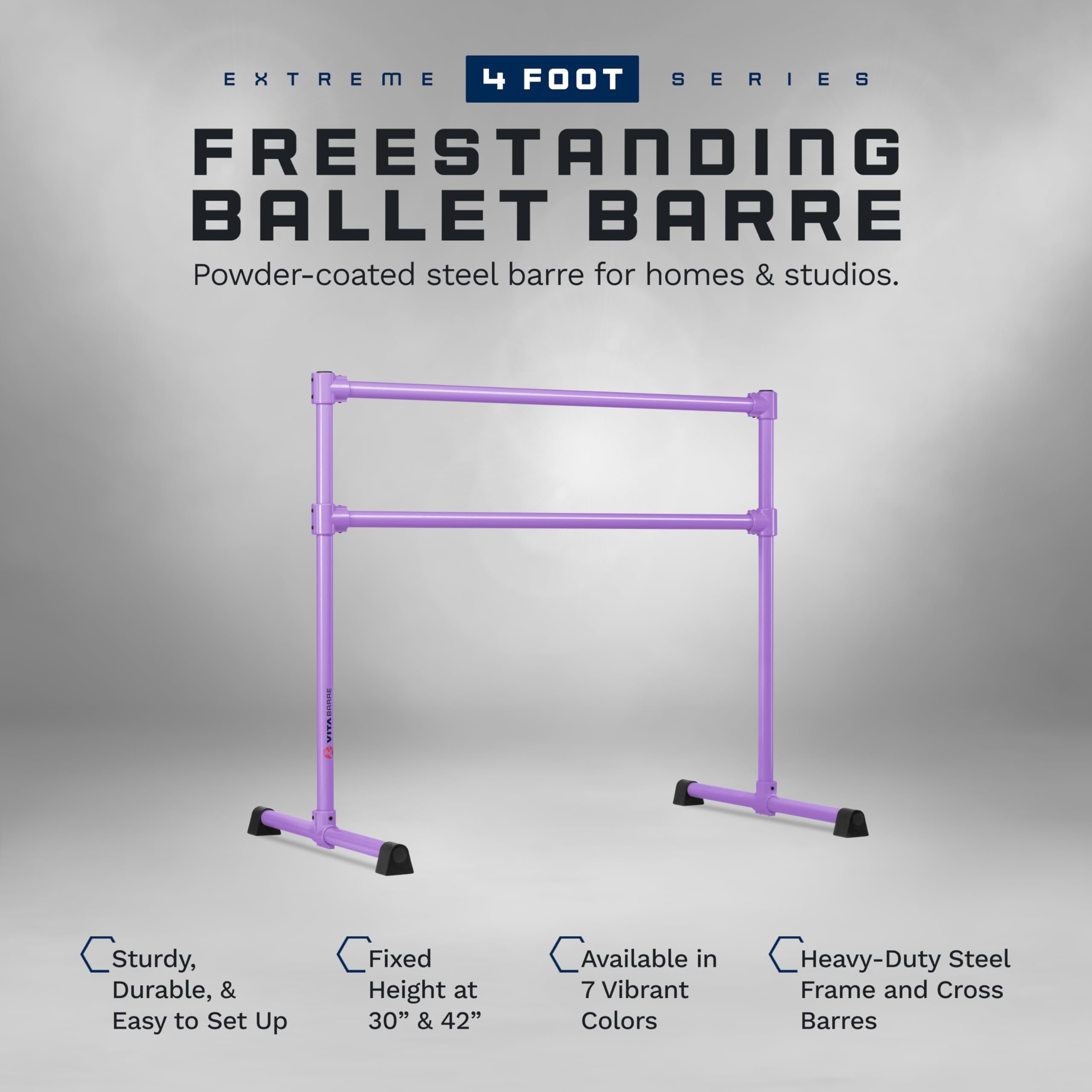 VITA Barre Portable Freestanding Double Ballet Barre, Extreme, 4 Ft Bars, Purple, Steel | Fixed Height, Made in USA, Home or Gym Exercise Equipment for Kids & Adults | Dance, Fitness, Pilates