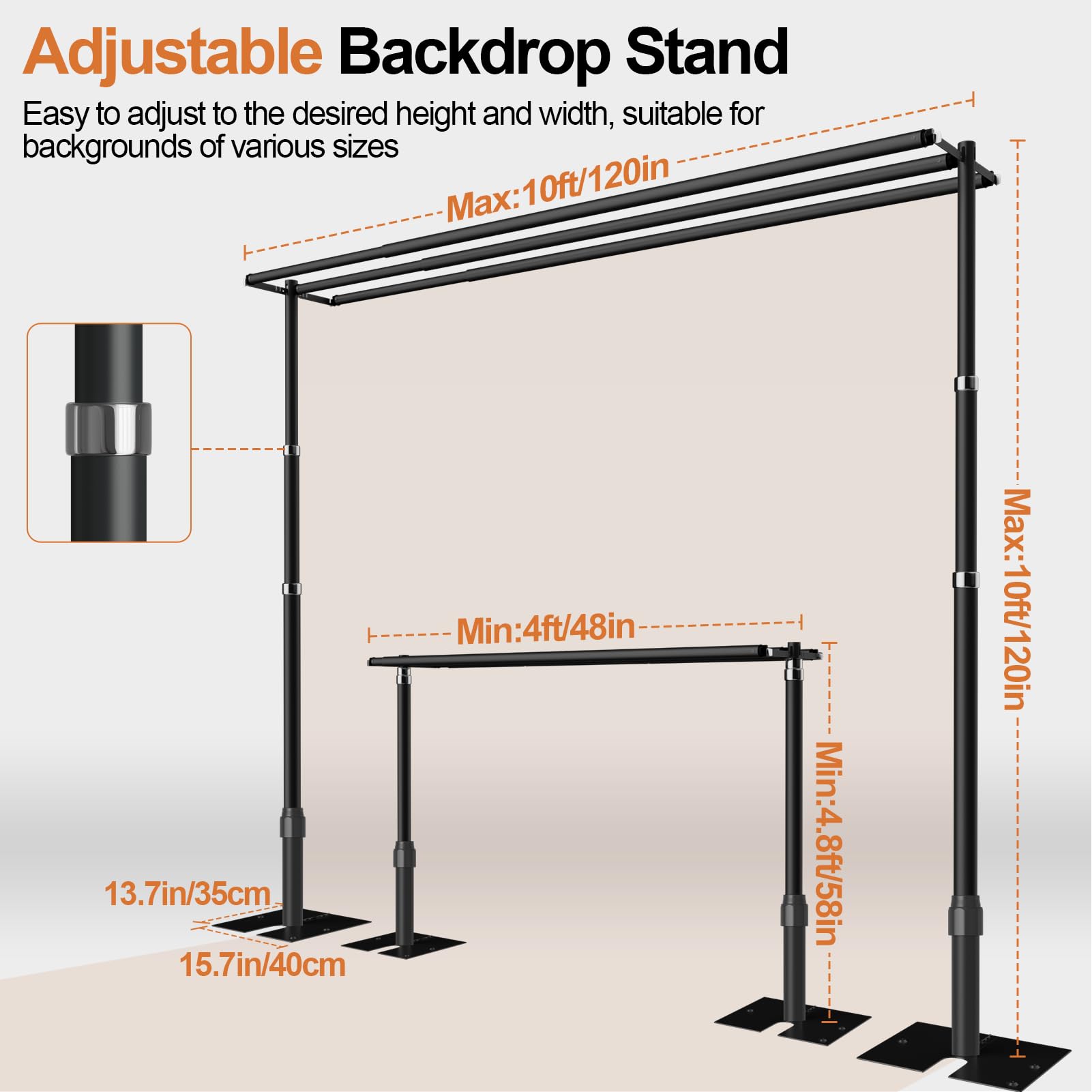 GLOSHOOTING Heavy Duty Backdrop Stand 10x10ft, Three Crossbar Pipe and Drape Backdrop Stand Kit, Adjustable Metal Frame, Background Stand for Wedding Birthday Party Decorations-Black