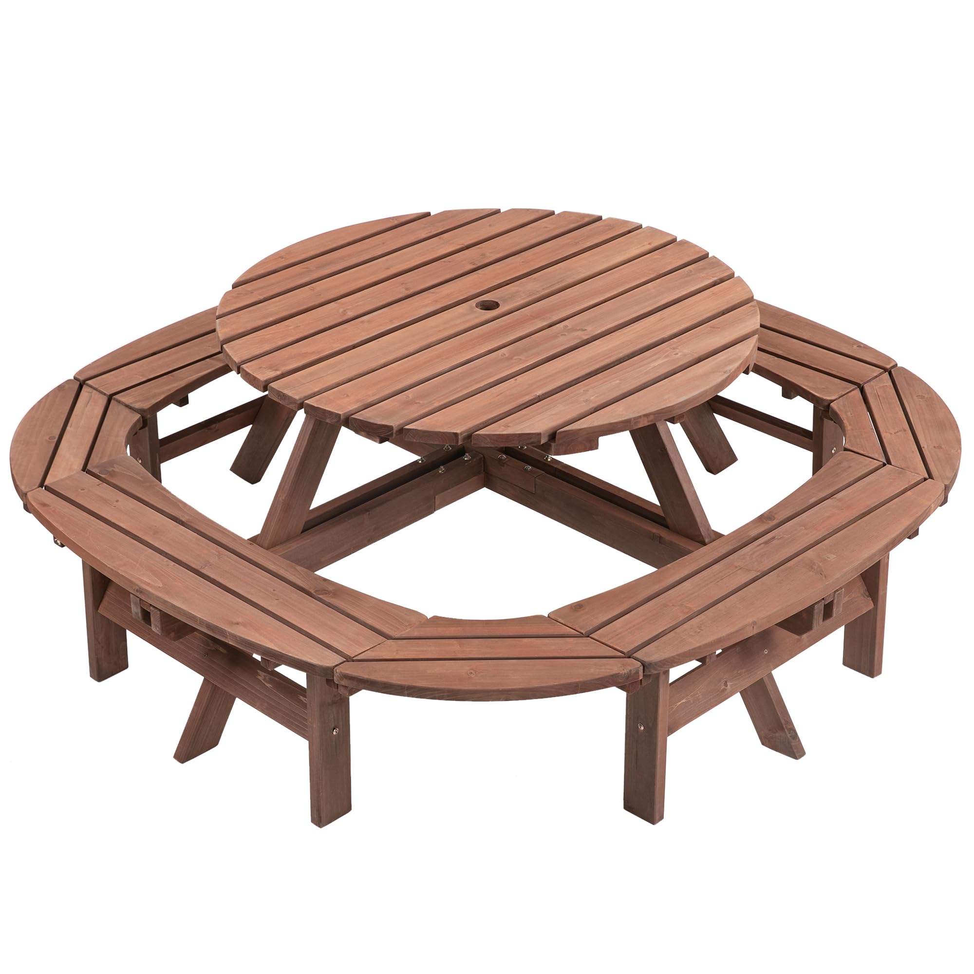 10-12 Person Round Outdoor Wooden Picnic Table with 1.97" Umbrella Hole, 70 Inch Heavy Duty Circular Backyard Patio Garden Table for Large Family Gathering, Rustic Fir Wood Dining Set, Walnut Brown
