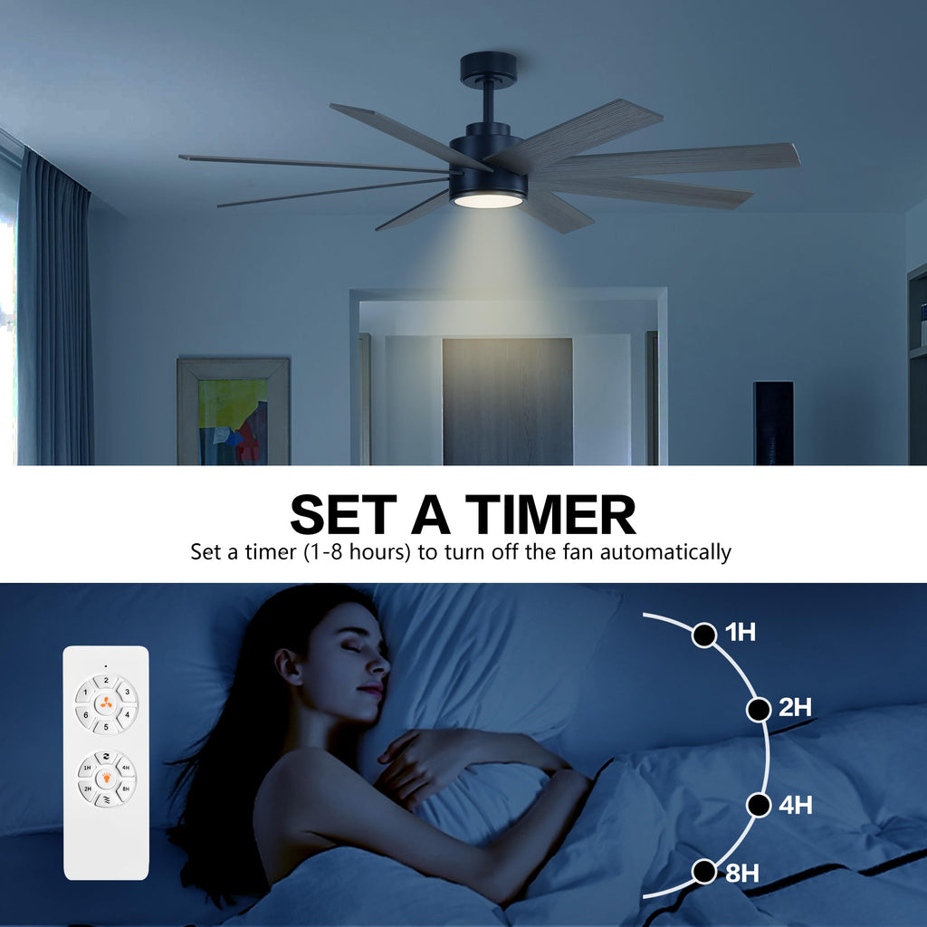 WINGBO 60" Large DC Ceiling Fans with Lights and Remote, 3 Downrods, 8 Plywood Blades, 6-Speeds Reversible DC Motor, 3CCT, Indoor Ceiling Fan for Bedroom Living Room Patio, Black and Gray