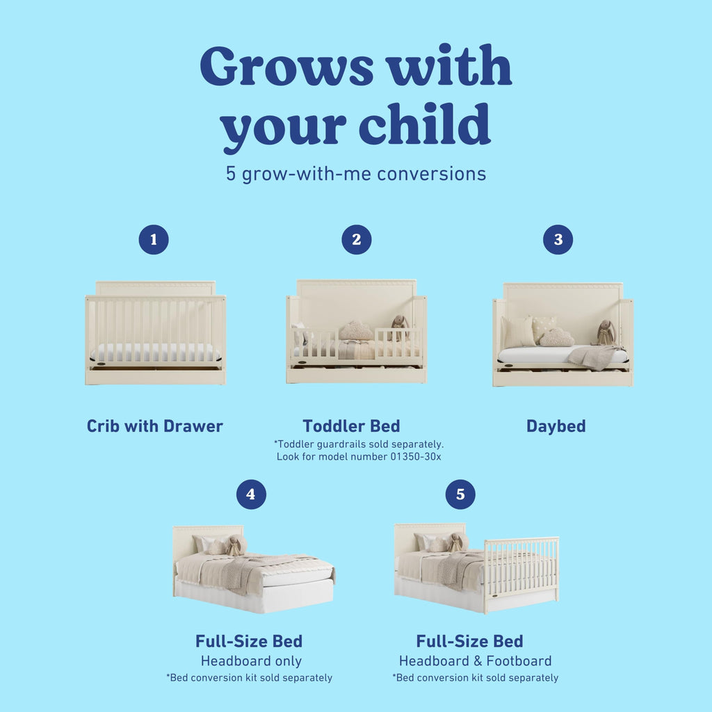 Graco Sasha 5-in-1 Convertible Crib with Drawer – GREENGUARD Gold Certified Wood Crib, Converts to Toddler Bed, Daybed, Full-Size Bed, Stylish Classic Design (Frosted Oat)