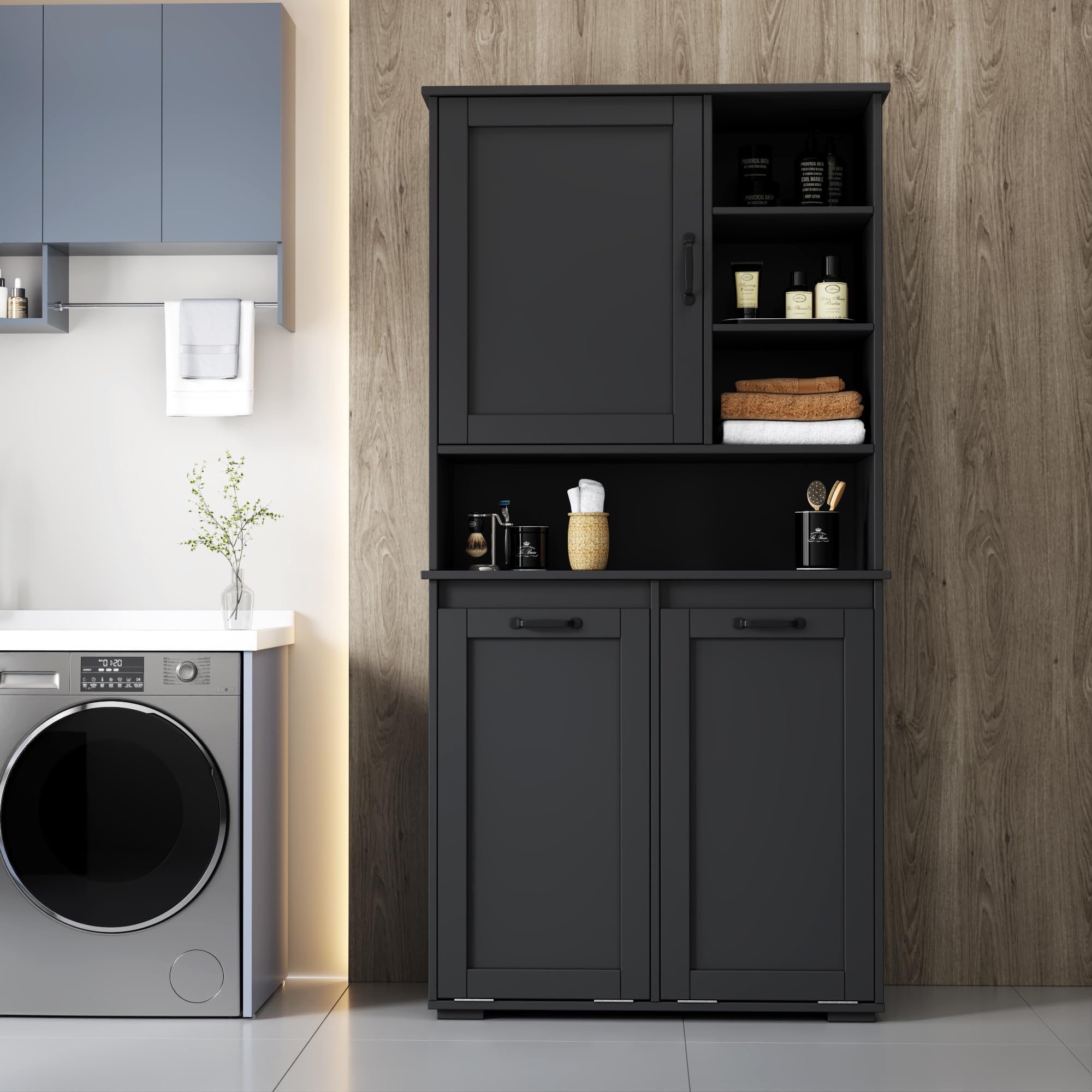 Roomfitters Tilt Out Laundry Hamper Cabinet with Hutch Modern Black Wooden Bathroom Storage Pantry Linen Tower, Black