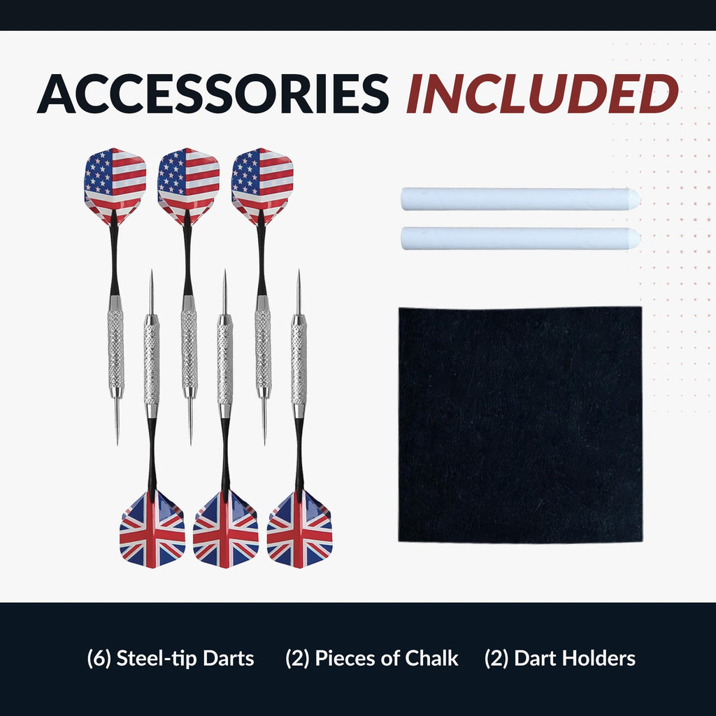Hathaway Drifter 18-in Bristle Dart Board and Cabinet Set – Includes Self Healing Sisal Board, Removable Outer Ring, Chalk Scoreboards & Steel-Tip Darts - Complete Dart Accessories - Timberwood