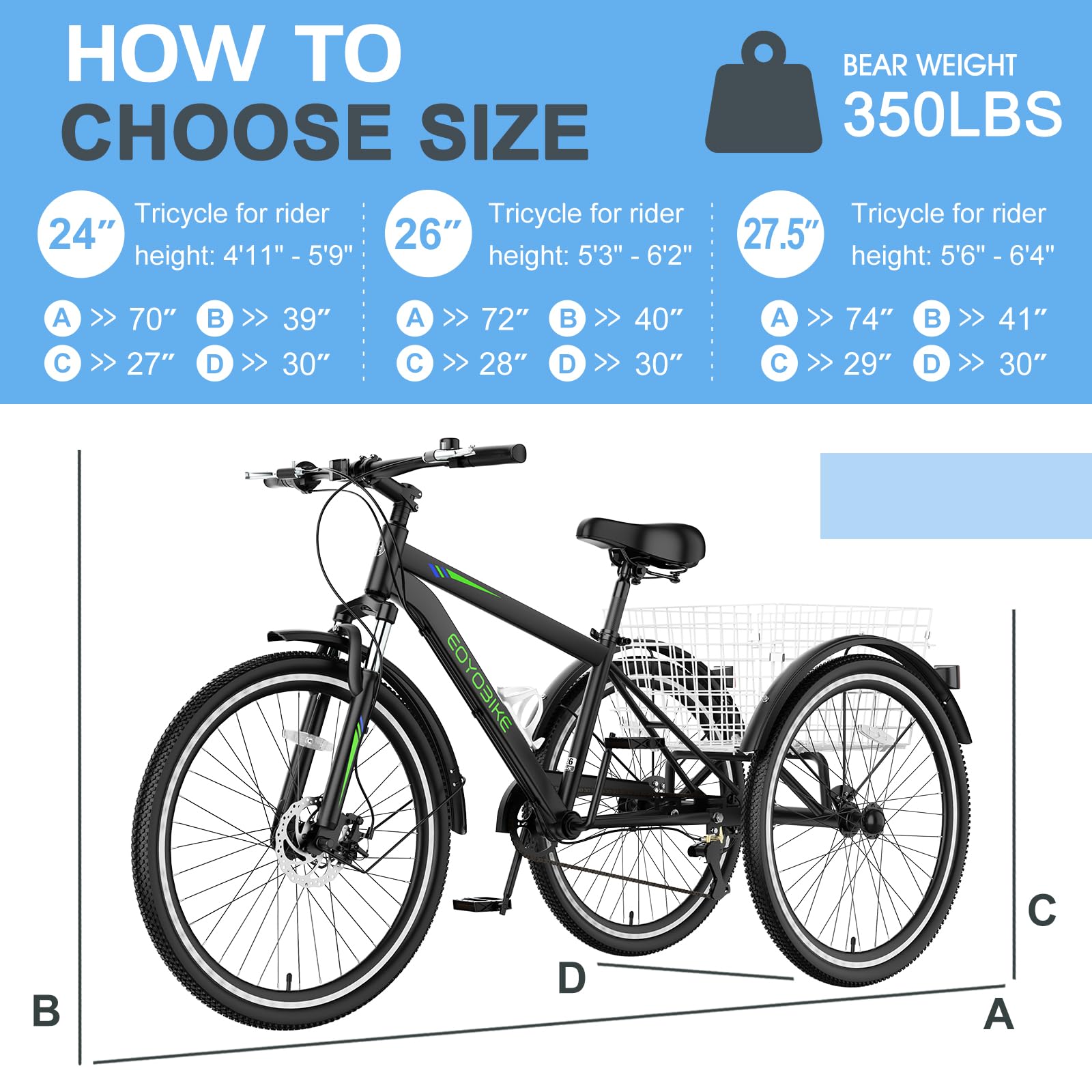 Slsy Adult Mountain Tricycle, 7 Speed Three Wheel Bike, 24/26 Inch Adults Trikes for Seniors with Shopping Basket, Exercise Men's Women's Tricycles