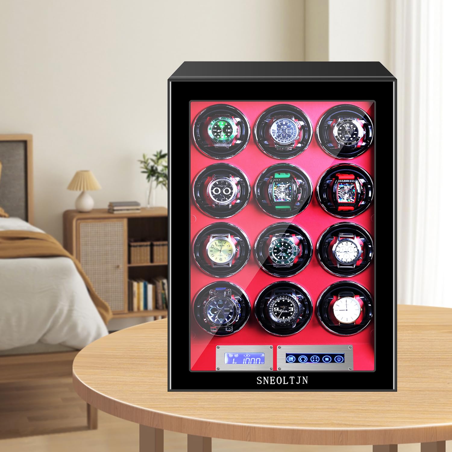 SNEOLTJN Watch Winder for 12 Slots Automatic Watches, Ultra-Quiet Japanese Motors, Built-in LED Illumination and LCD Touchscreen Control