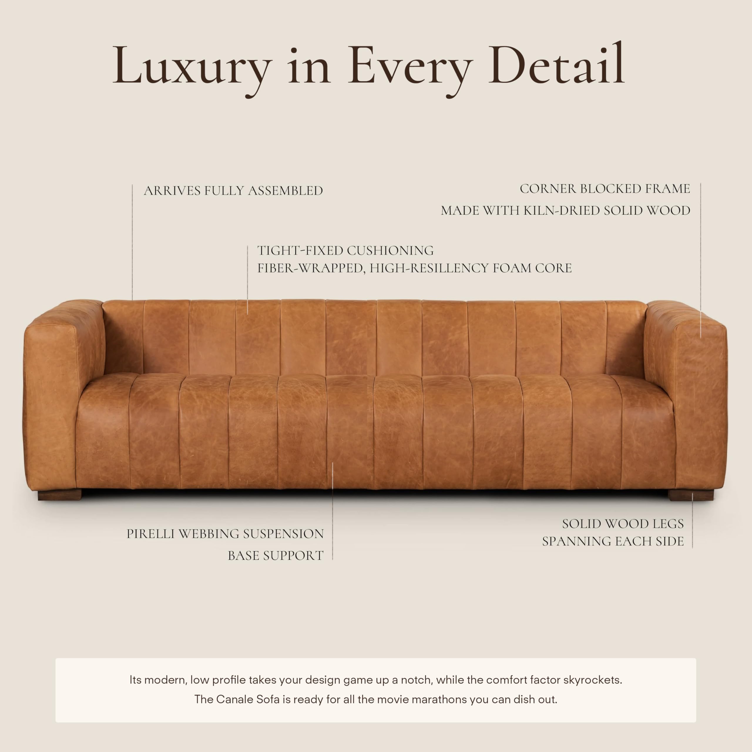 Poly & BARK Canale 99” Sofa – Modern 3-Seater Couch for Living Rooms – Performance Fabric Upholstery, High-Density Foam Cushions, Tapered Legs, Minimal Assembly – Cognac Tan
