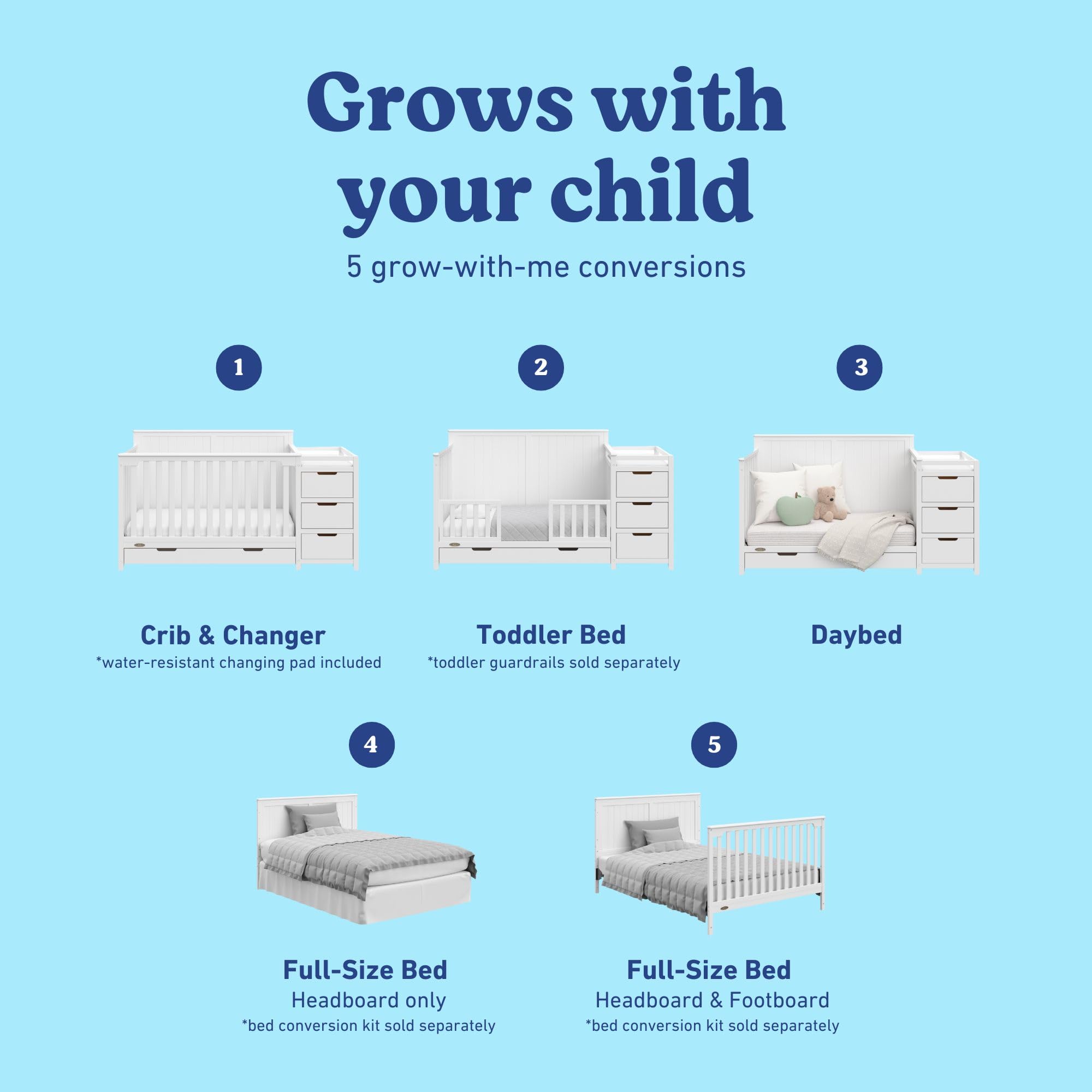Graco Hadley 5-in-1 Convertible Crib & Changer – GREENGUARD Gold Certified, Fits Standard Crib Mattress, Converts to Toddler Bed and Full Bed, 4 Adjustable Mattress Heights (White)
