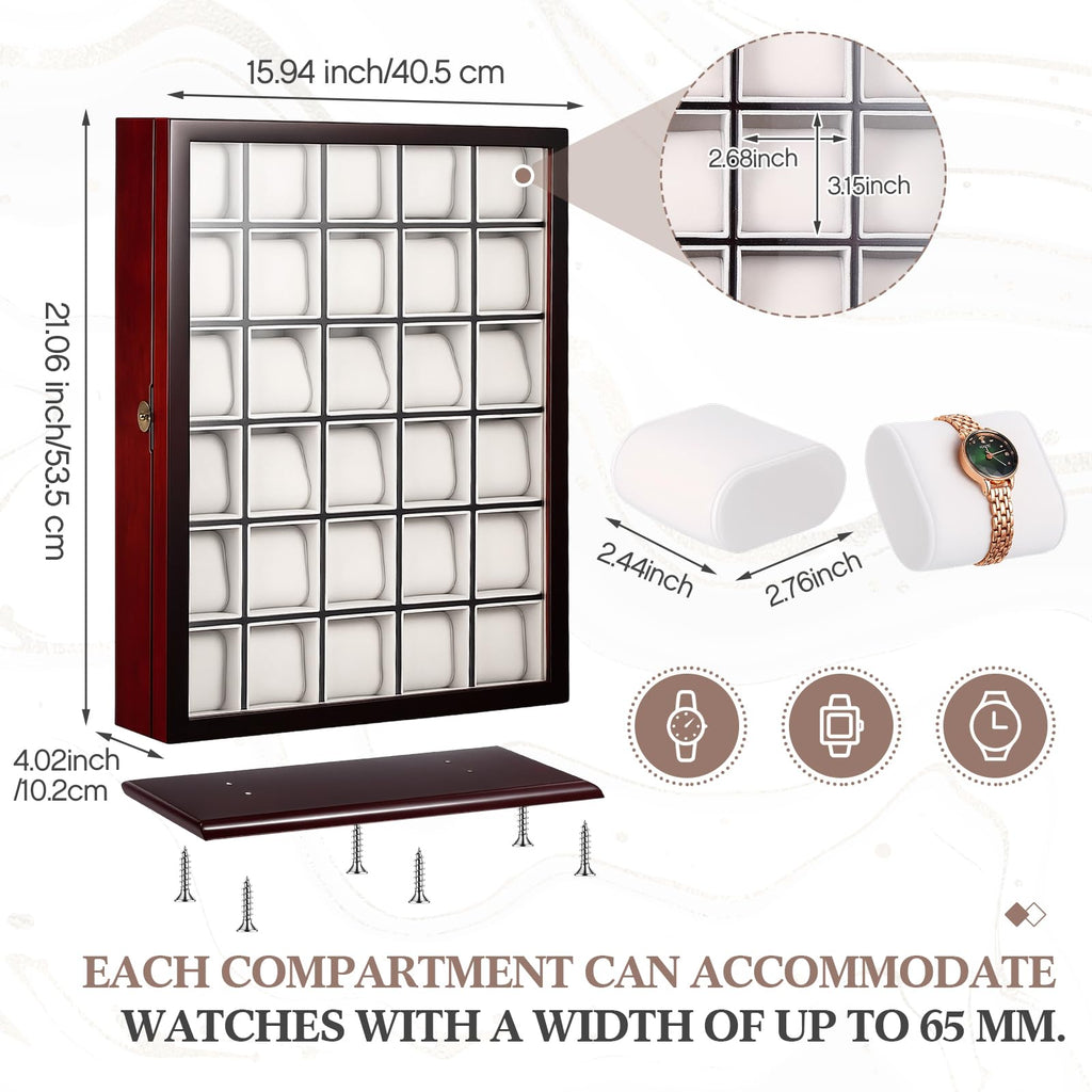 30 Piece Watch Display Case Watch Cabinets Cases Wall Mounted Shadow Box UV Protection Display Boxes with Acrylic Transparent Door Holder for Oversized Watches Collector Memorabilia Gift