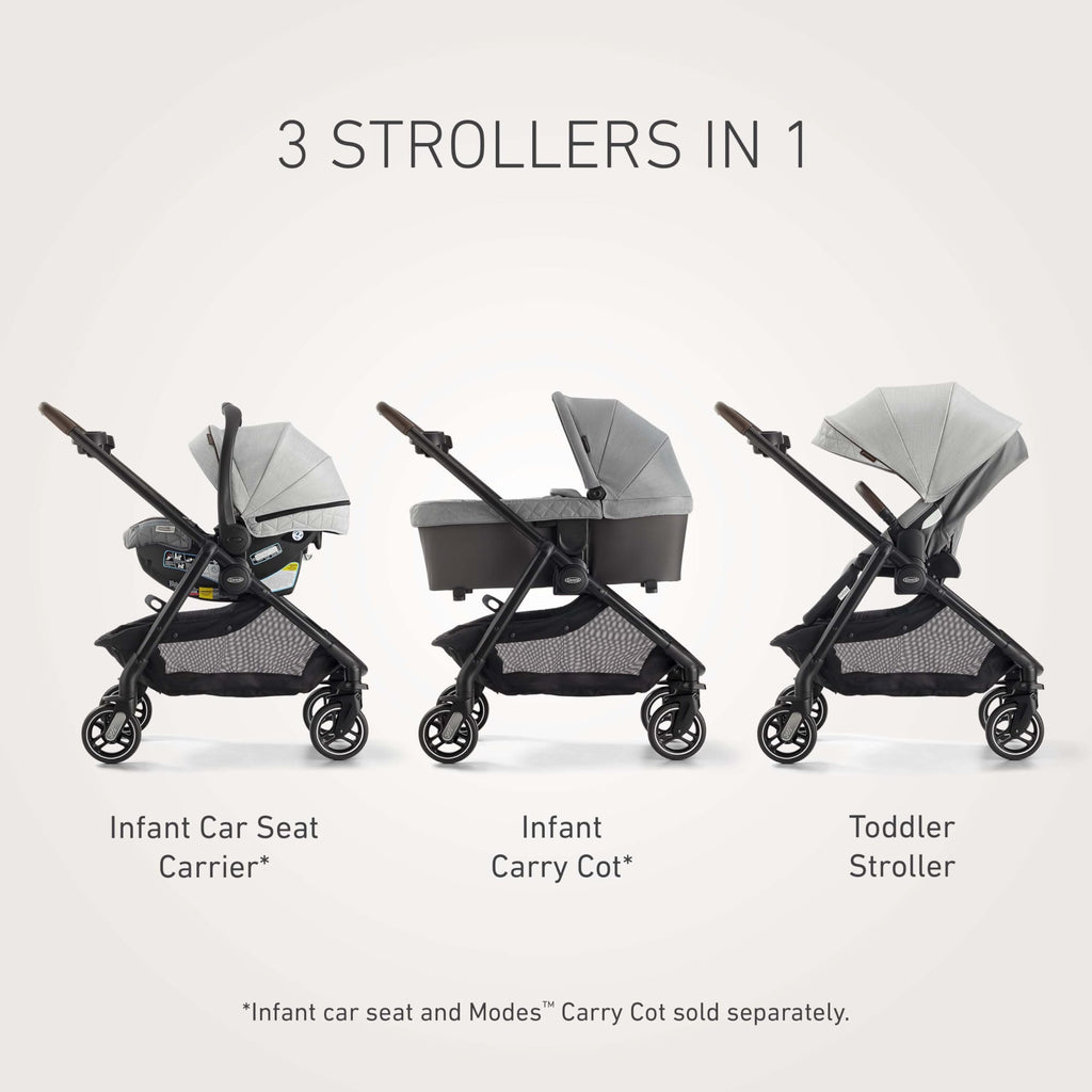 Graco® Premier Modes Merge Stroller with EZ Spin Wheels for 360 Rotation, 3 Modes: Infant Car Seat Carrier, Carry Cot, to Toddler Stroller, Reversible Baby Stroller Seat, Midtown