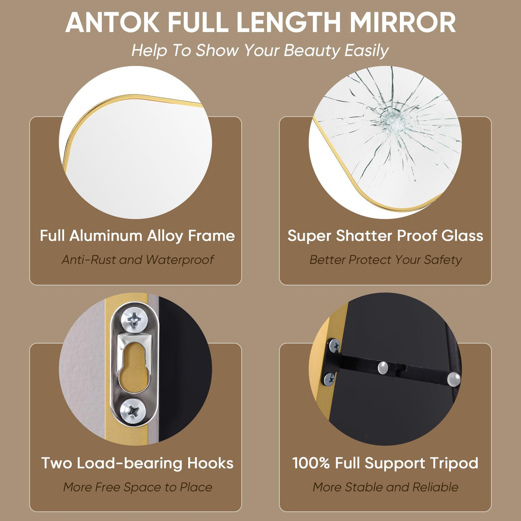 Antok Full Length Mirror, 81"x41" Floor Mirror Freestanding, Arched Floor Standing Large Full Body Mirror with Stand for Bedroom, Hanging Mounted for Living Room, Gold