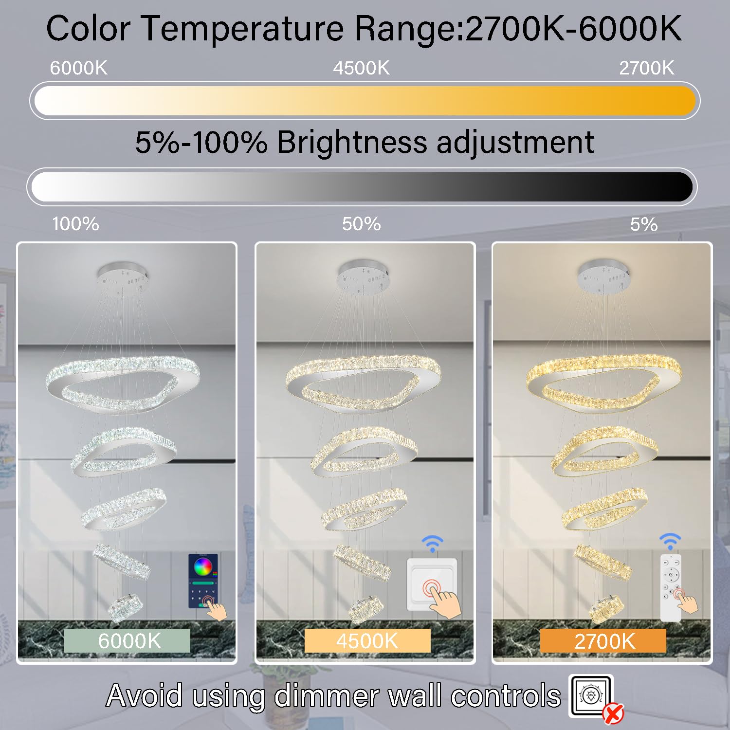 Shial Lighting Large Crystal Chandelier Modern LED Dimmable Contemporary Chandelier Large Pendant Light for Living Room Foyer Staircase Silver Dia 40"