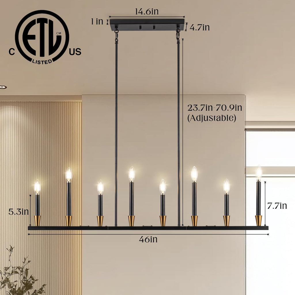 Knwjmv Black Linear Chandelier Candle Dining Room Light Fixture Long 46 Inch Island Chandeliers Black and Gold Linear Pendant Lighting Over Dining Table Kitchen Island