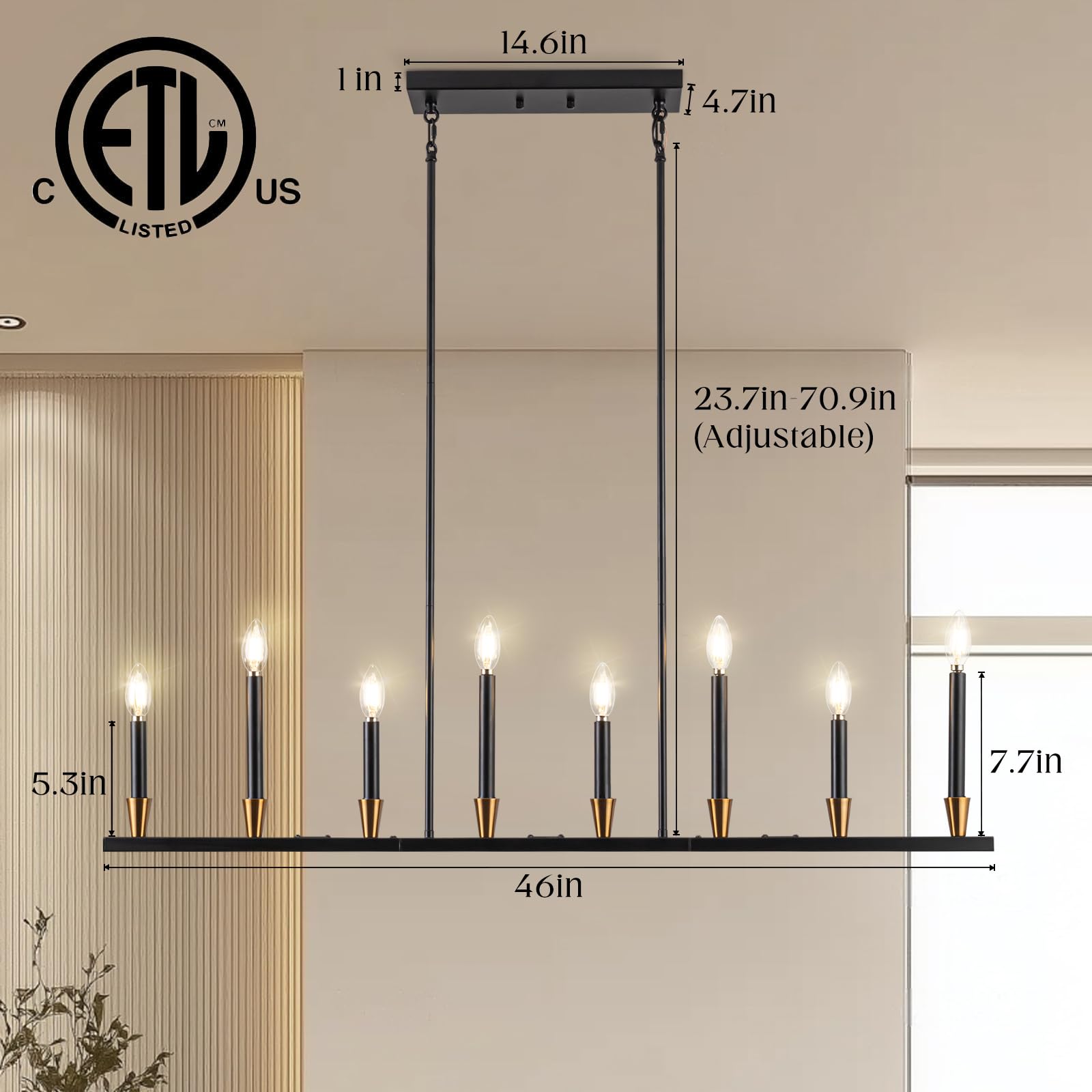 Knwjmv Black Linear Chandelier Candle Dining Room Light Fixture Long 46 Inch Island Chandeliers Black and Gold Linear Pendant Lighting Over Dining Table Kitchen Island