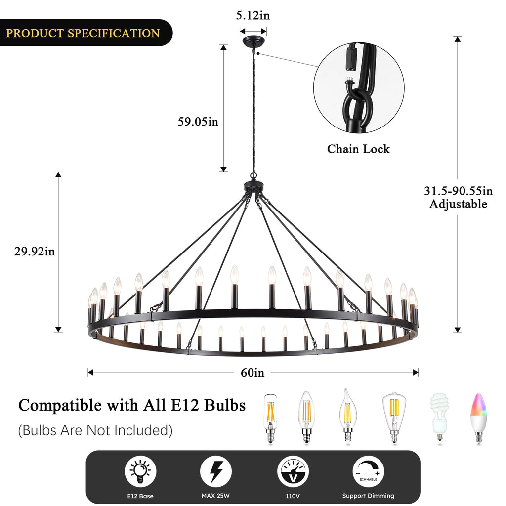 YLCHYTDZSW 60" Black Wagon Wheel Chandelier 36 Light Large Farmhouse Chandeliers for High Ceiling Hanging Modern Round Pendant Lighting Fixture for Living Room Foyer Entryway Dining Room Kitchen