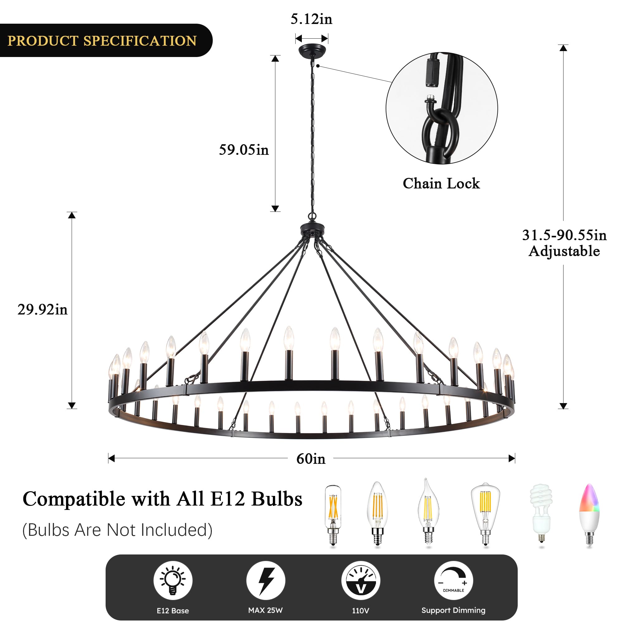 YLCHYTDZSW 60" Black Wagon Wheel Chandelier 36 Light Large Farmhouse Chandeliers for High Ceiling Hanging Modern Round Pendant Lighting Fixture for Living Room Foyer Entryway Dining Room Kitchen