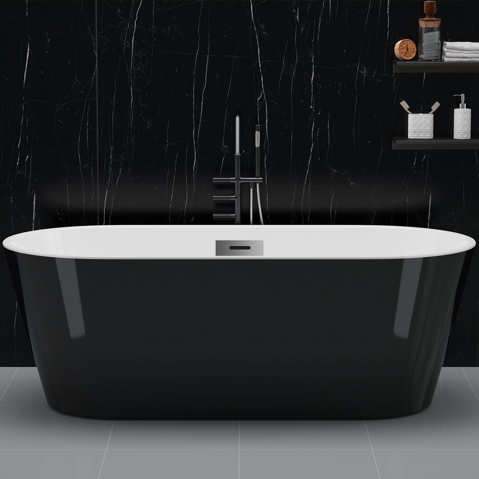 59 Inch Freestanding Bathtub, Acrylic, Deep Soaking Tub with Non-Slip Base, Modern Black Free Standing Tub for Bathrooms, cUPC Certified with Chrome Drain