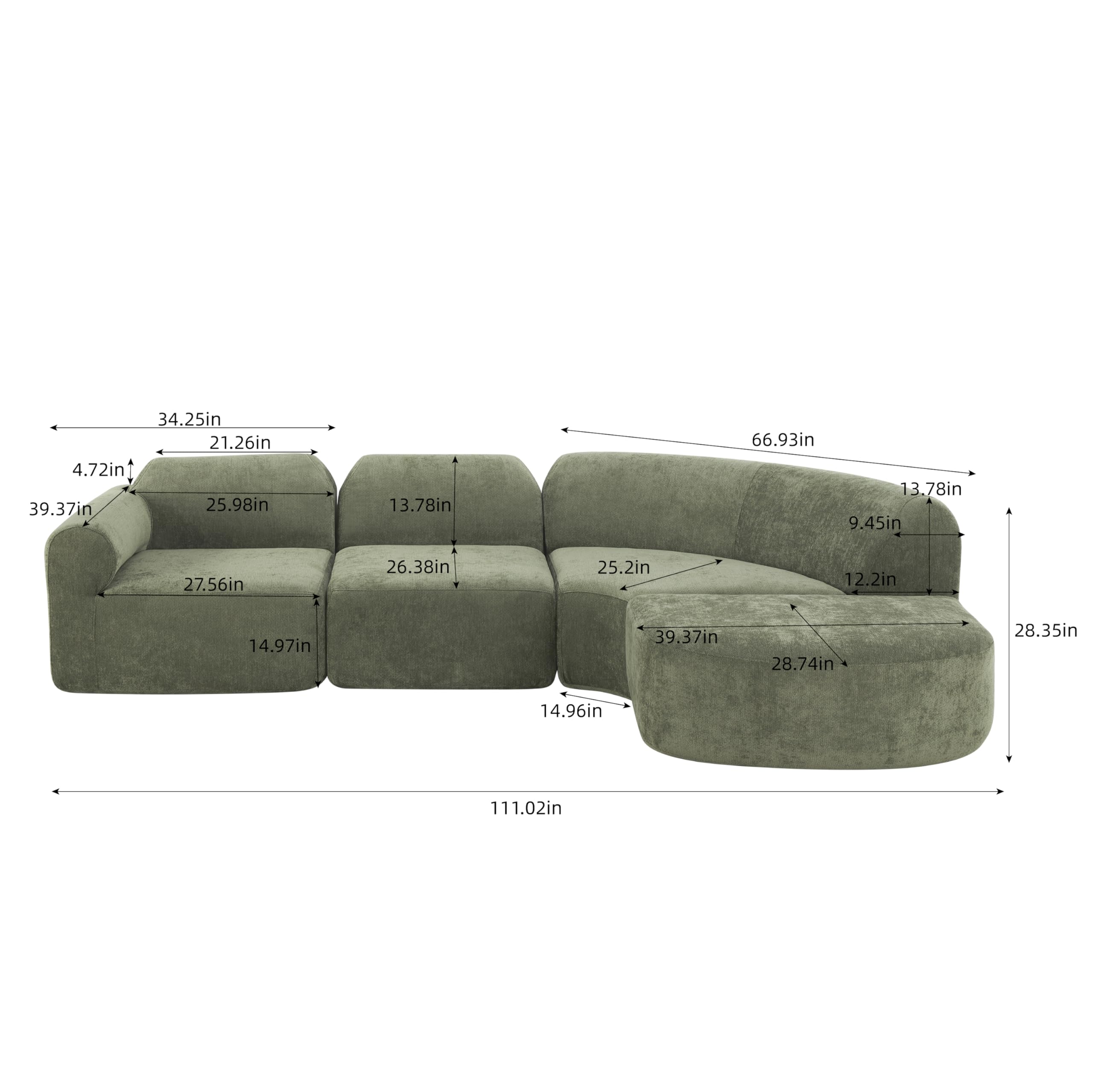 Christopher Knight Home Midel 111" Modular L-Shape Sofa Couch with Chaise Lounge, Modern Boneless Sofa for Living Room, Fabric Upholstered Cloud Couch with Deep Seat, Olive Green